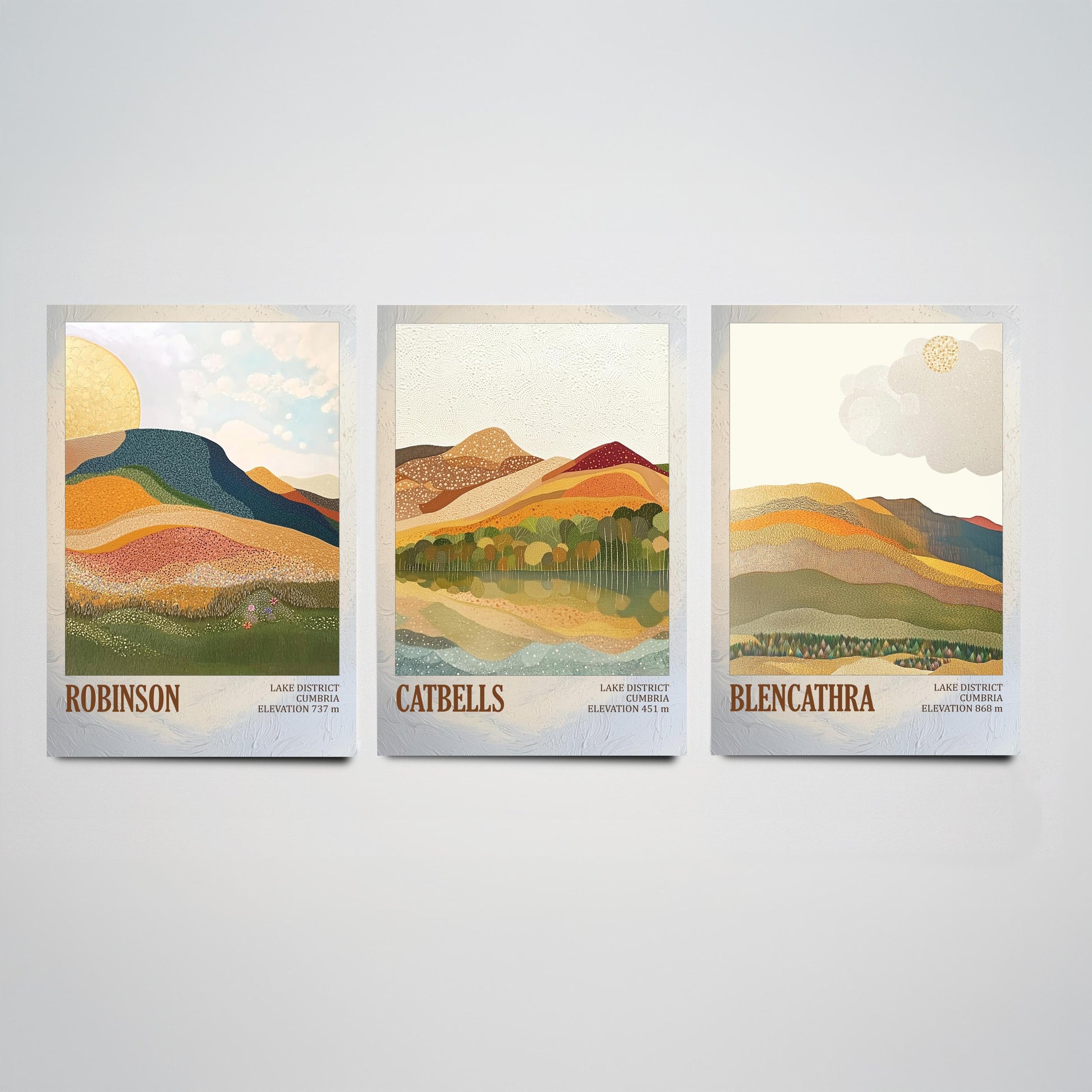 Set of Three Art Prints Lake District Fells - Robinson, Catbells, Blencathra - Cumbria Mountain Poster Illustration Hiker Gift V1