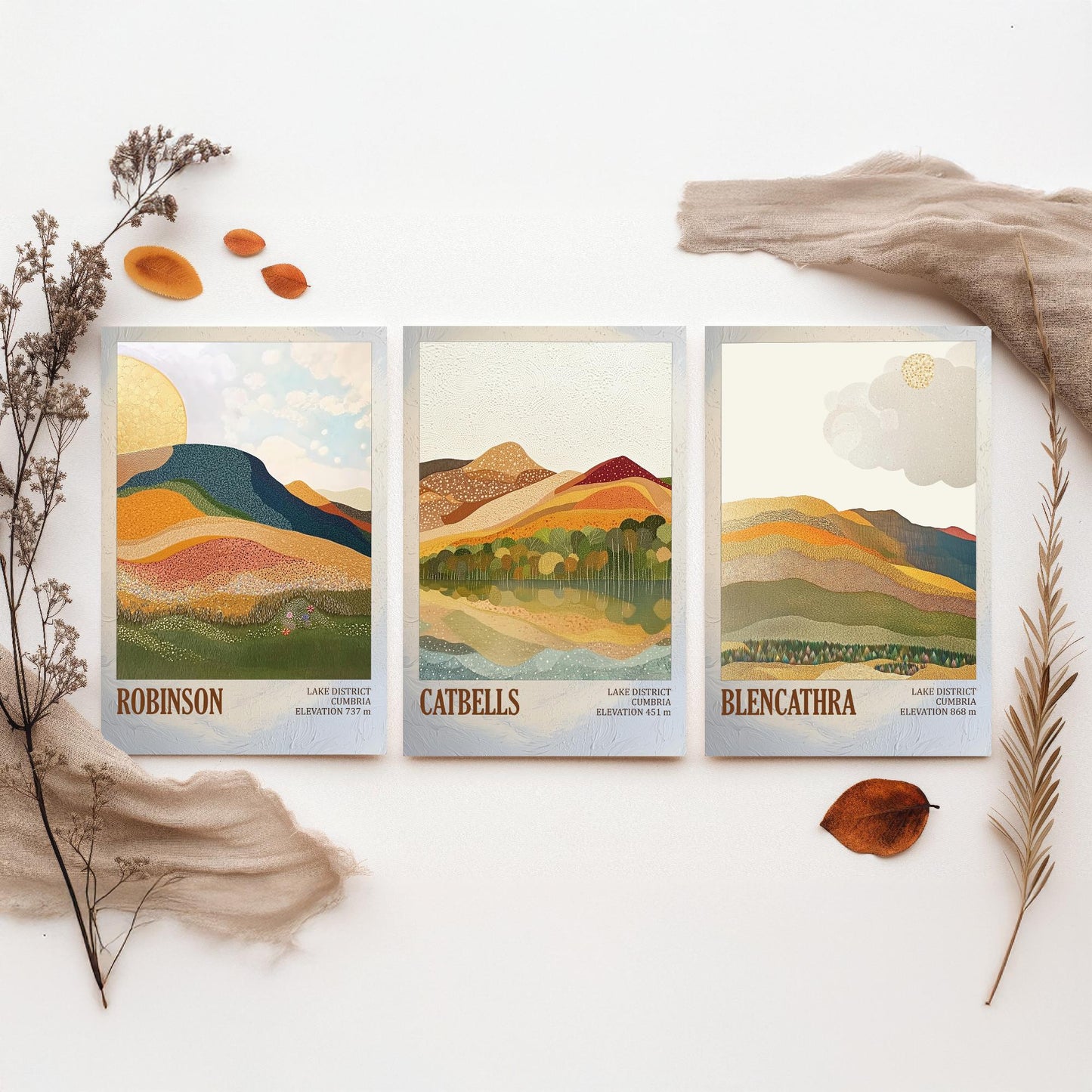 Set of Three Art Prints Lake District Fells - Robinson, Catbells, Blencathra - Cumbria Mountain Poster Illustration Hiker Gift V1