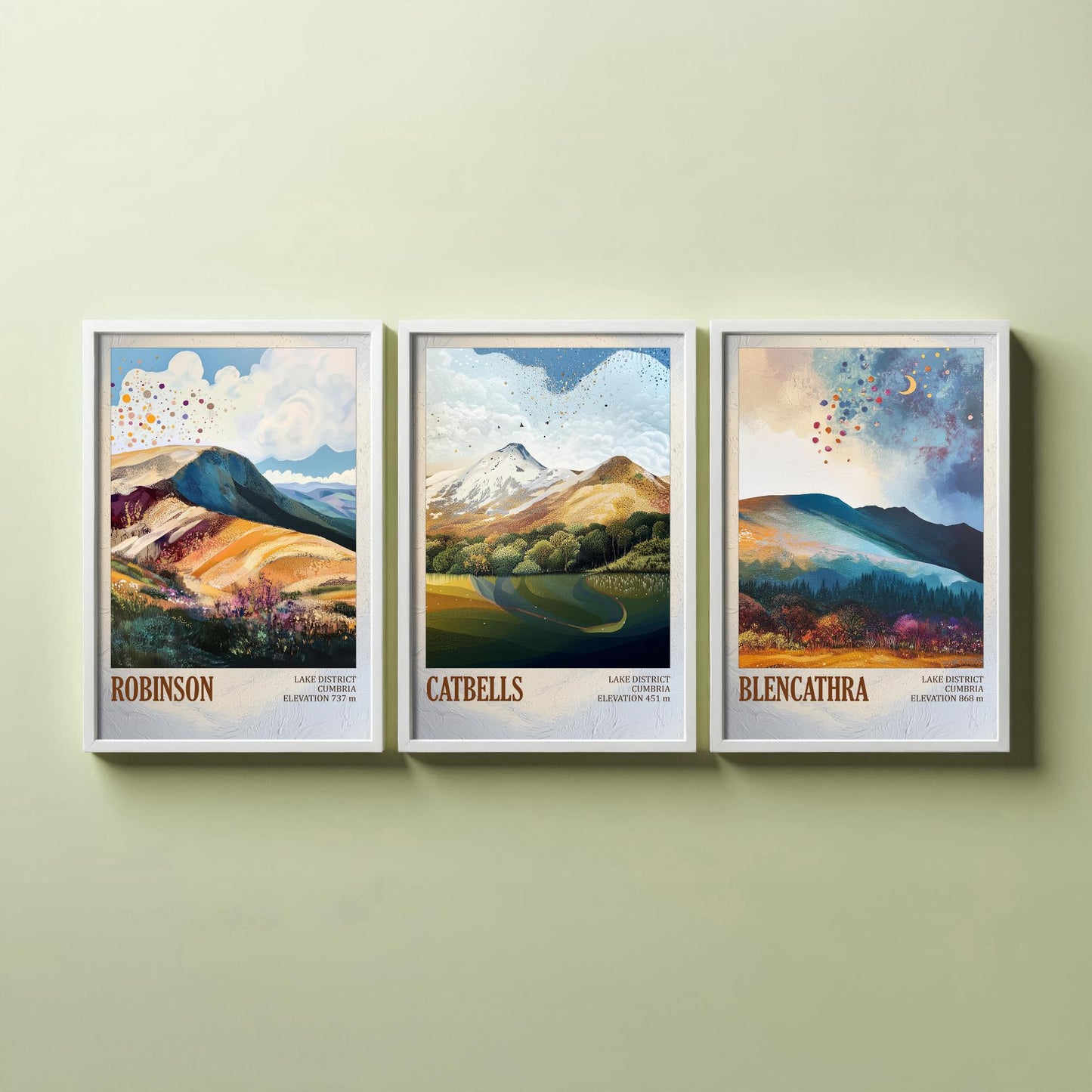 Set of Three Art Prints Lake District Peaks - Robinson, Catbells, Blencathra - Moody Cumbria Mountain Poster Illustration Gift V2