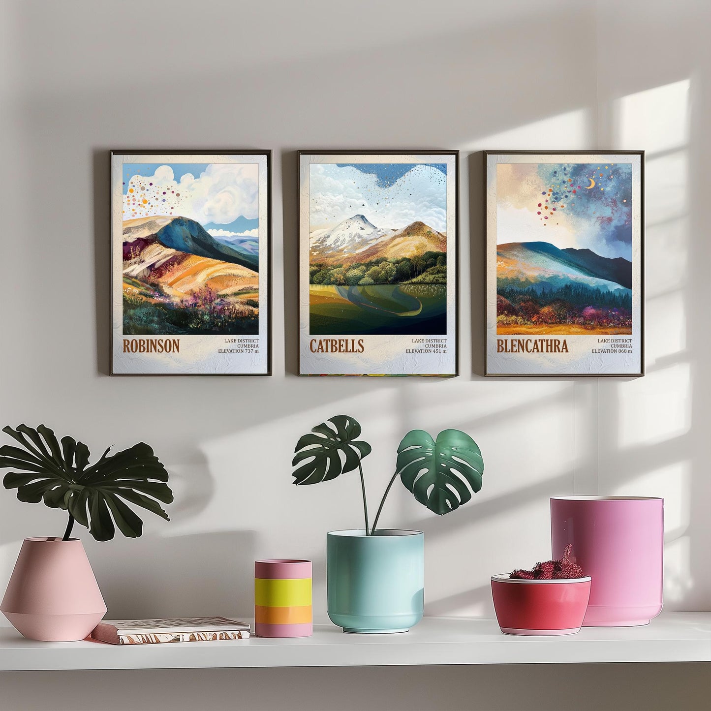 Set of Three Art Prints Lake District Peaks - Robinson, Catbells, Blencathra - Moody Cumbria Mountain Poster Illustration Gift V2
