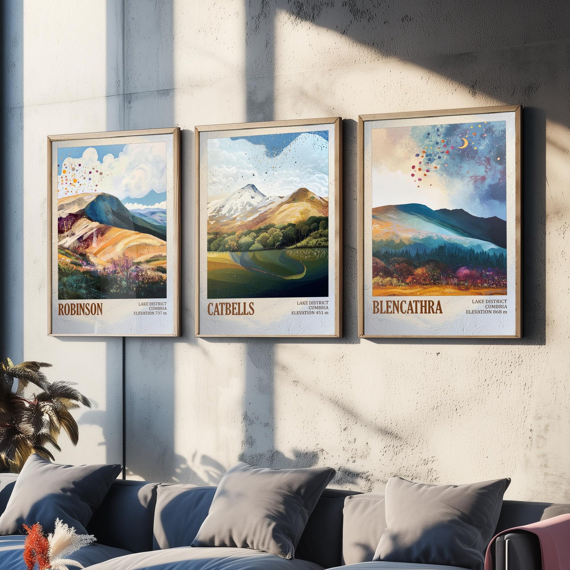 Set of Three Art Prints Lake District Peaks - Robinson, Catbells, Blencathra - Moody Cumbria Mountain Poster Illustration Gift V2