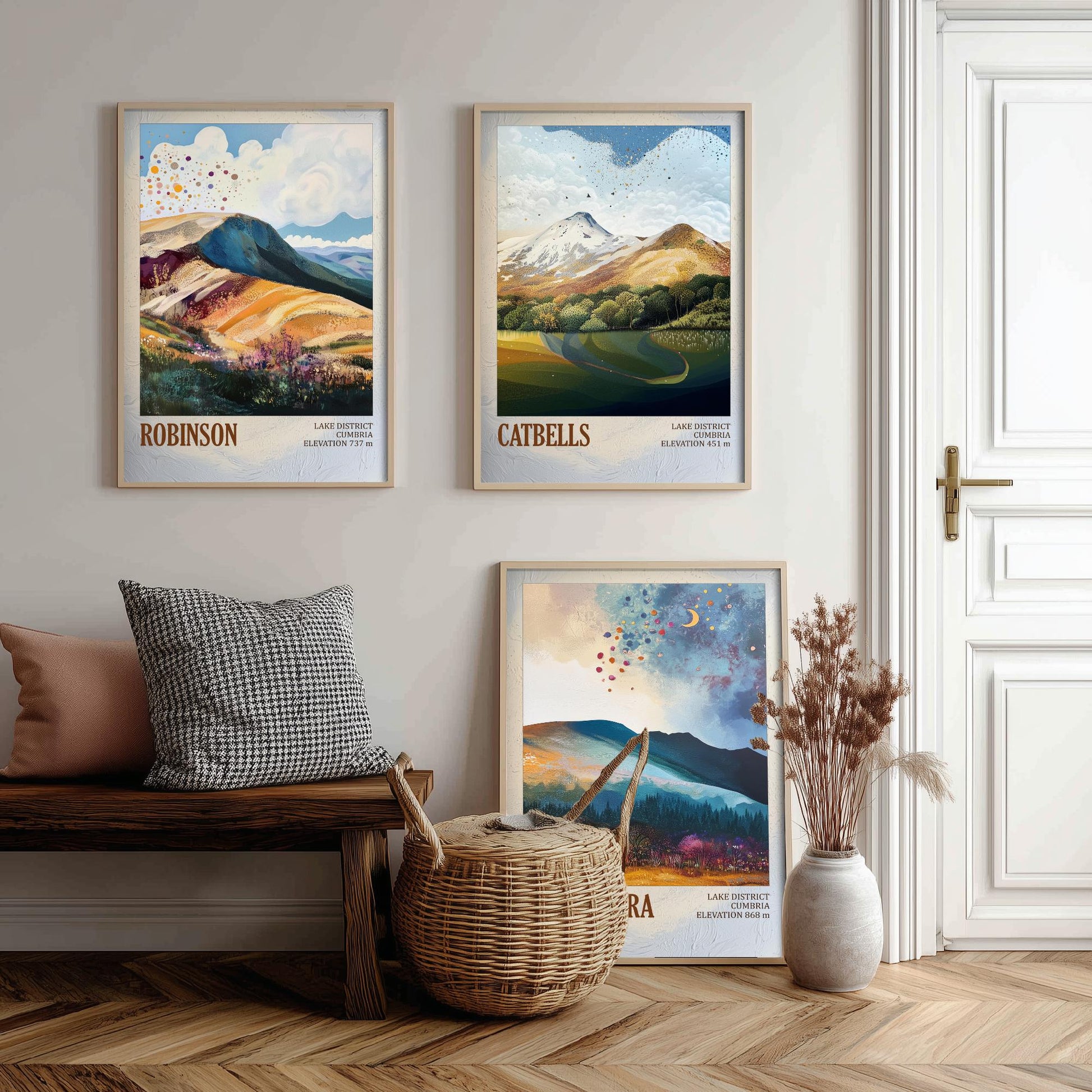 Set of Three Art Prints Lake District Peaks - Robinson, Catbells, Blencathra - Moody Cumbria Mountain Poster Illustration Gift V2