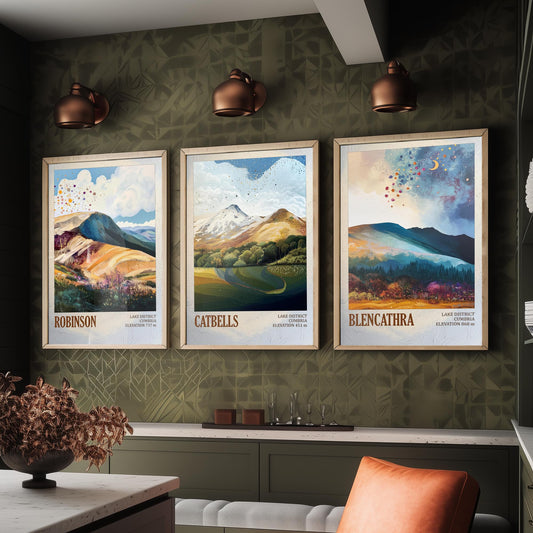 Set of Three Art Prints Lake District Peaks - Robinson, Catbells, Blencathra - Moody Cumbria Mountain Poster Illustration Gift V2