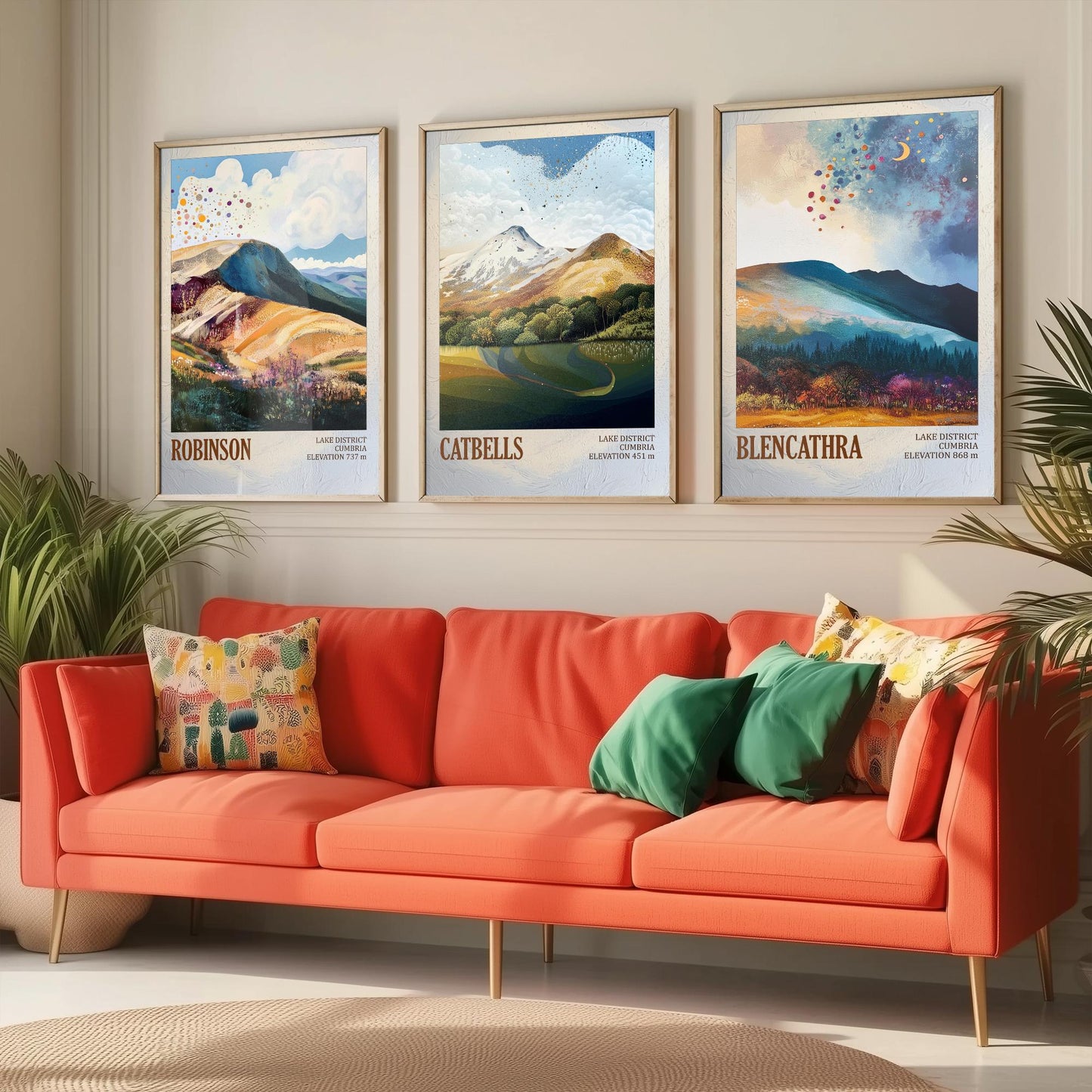 Set of Three Art Prints Lake District Peaks - Robinson, Catbells, Blencathra - Moody Cumbria Mountain Poster Illustration Gift V2