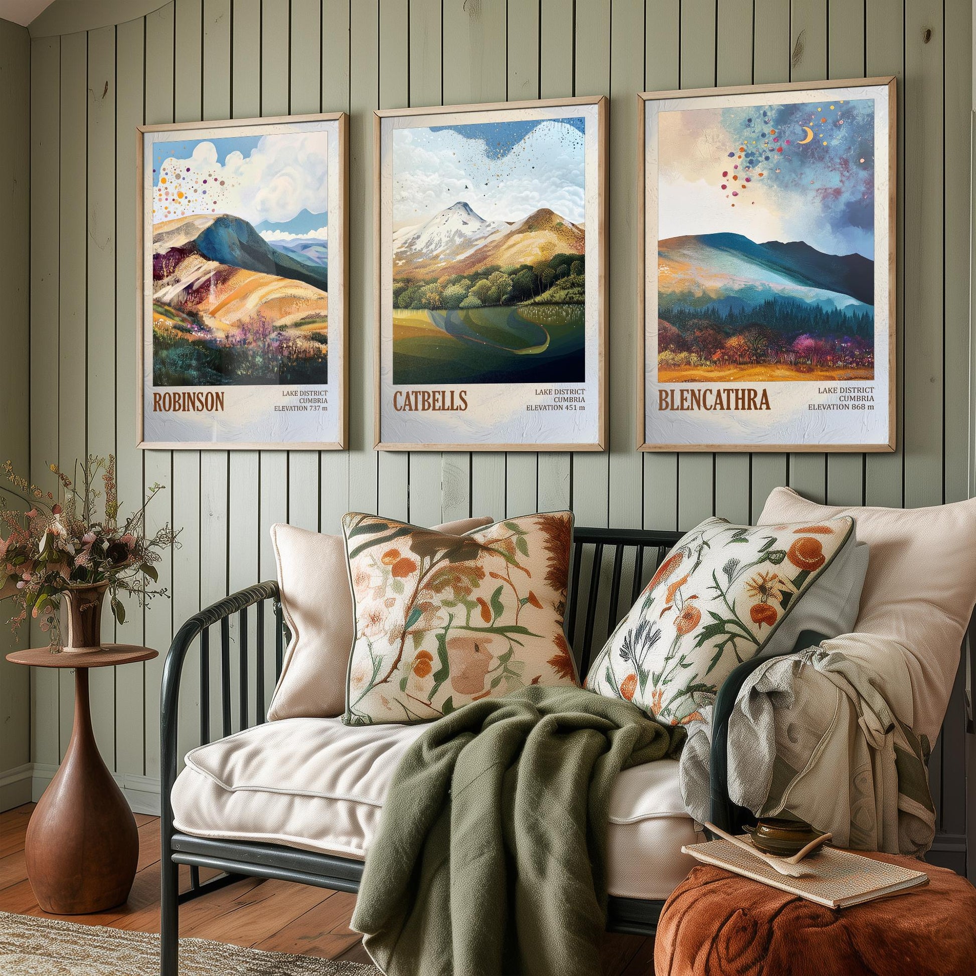 Set of Three Art Prints Lake District Peaks - Robinson, Catbells, Blencathra - Moody Cumbria Mountain Poster Illustration Gift V2