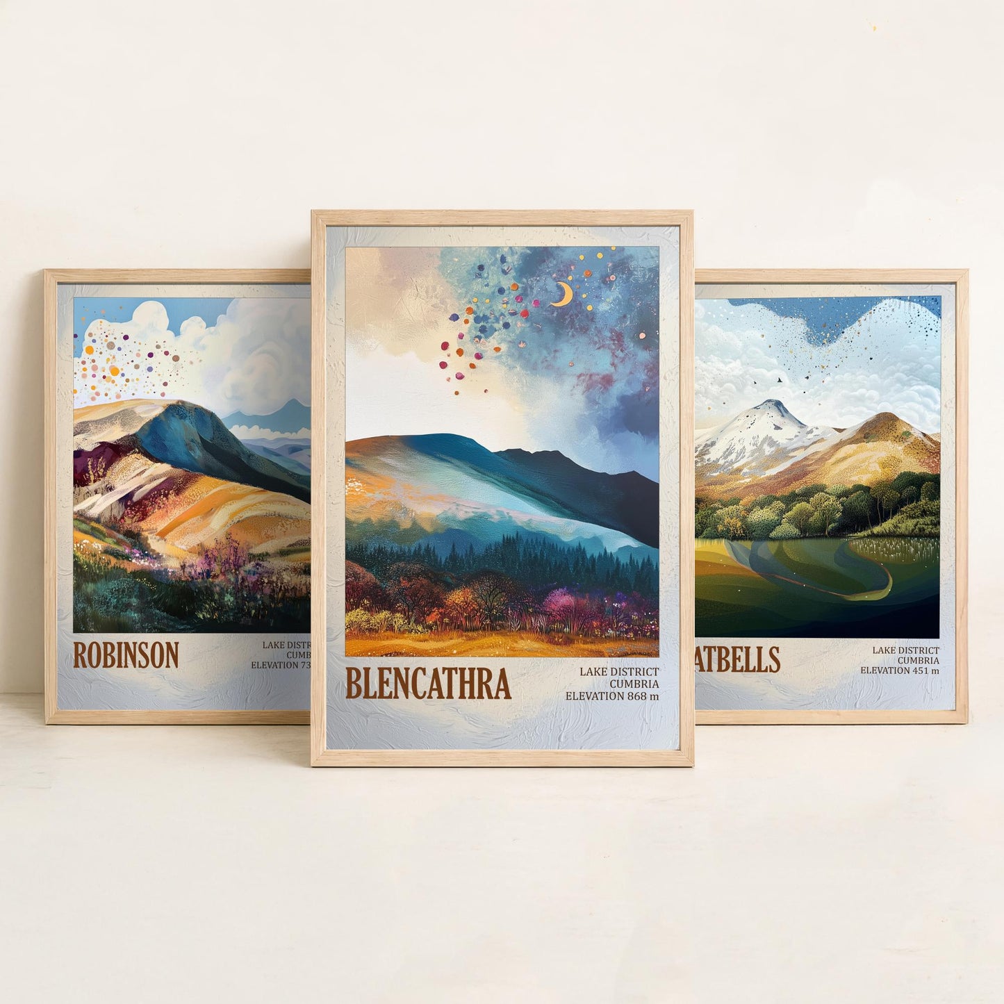 Set of Three Art Prints Lake District Peaks - Robinson, Catbells, Blencathra - Moody Cumbria Mountain Poster Illustration Gift V2