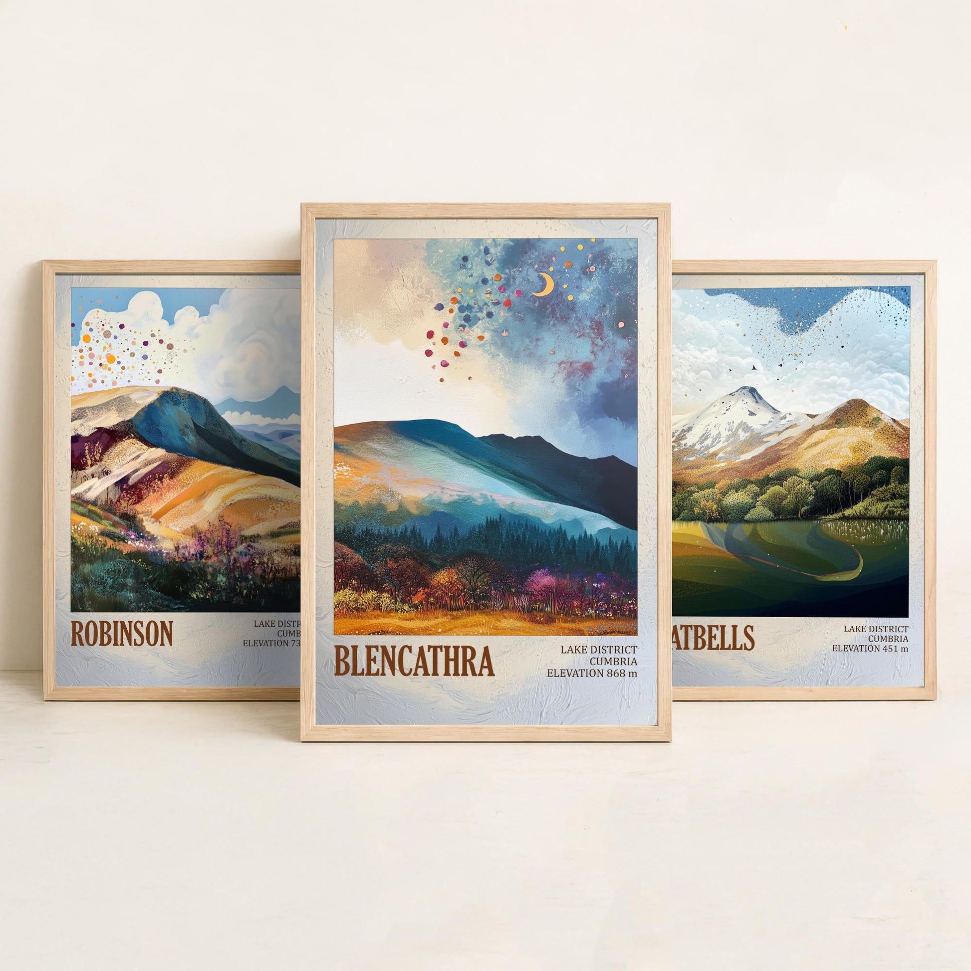 Set of Three Art Prints Lake District Peaks - Robinson, Catbells, Blencathra - Moody Cumbria Mountain Poster Illustration Gift V2