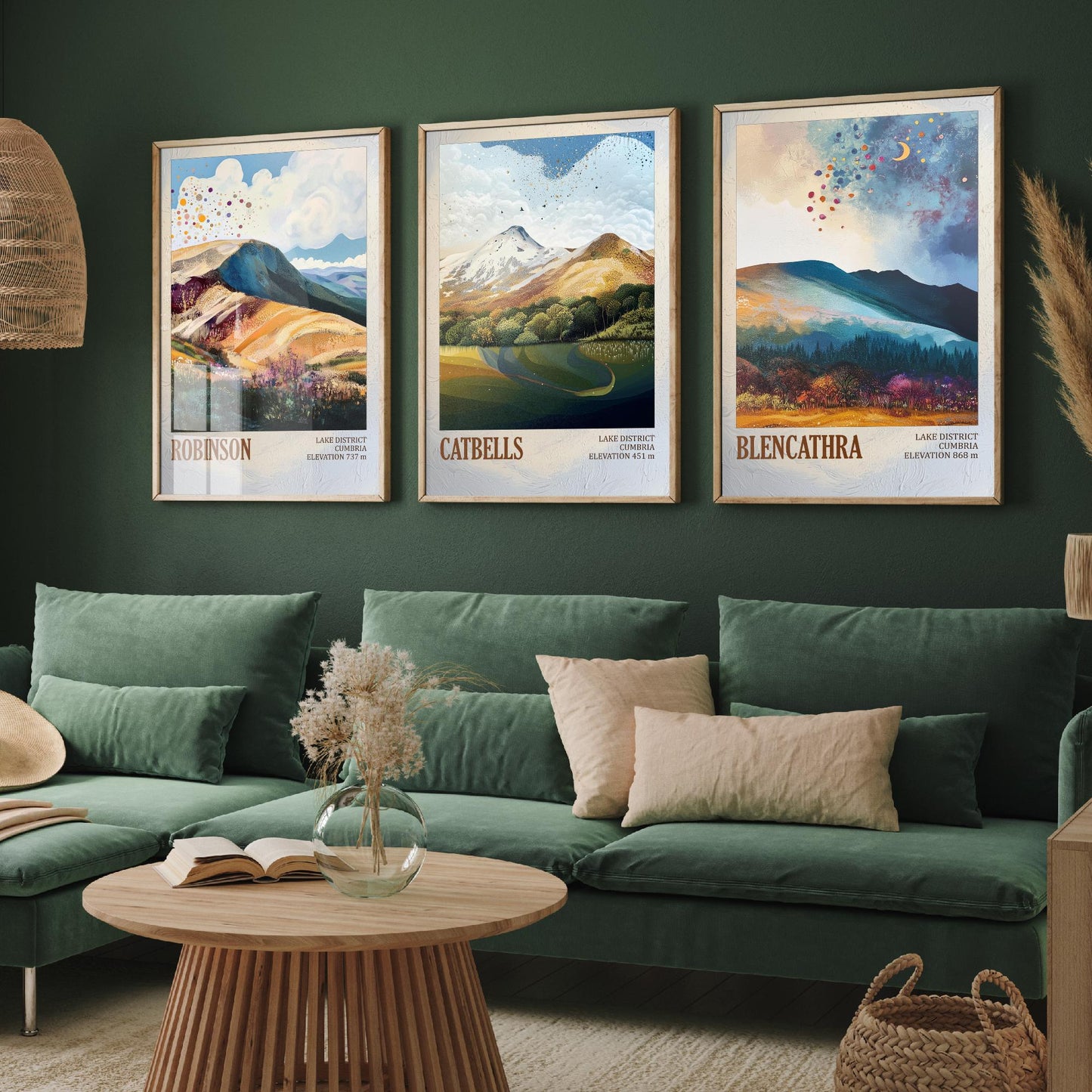 Set of Three Art Prints Lake District Peaks - Robinson, Catbells, Blencathra - Moody Cumbria Mountain Poster Illustration Gift V2