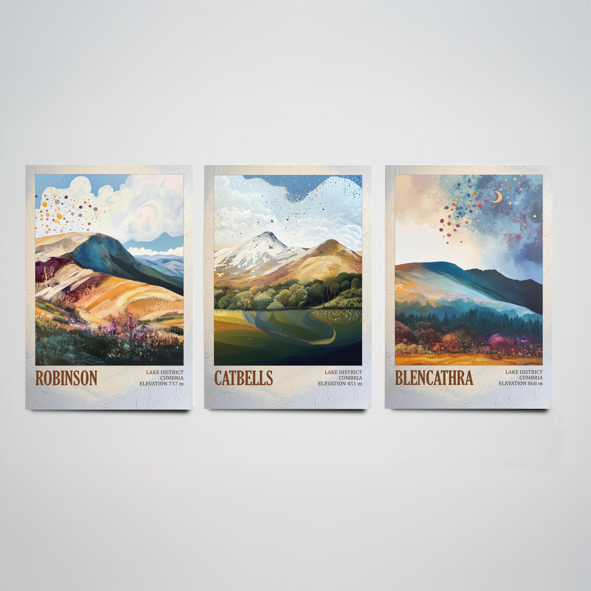 Set of Three Art Prints Lake District Peaks - Robinson, Catbells, Blencathra - Moody Cumbria Mountain Poster Illustration Gift V2