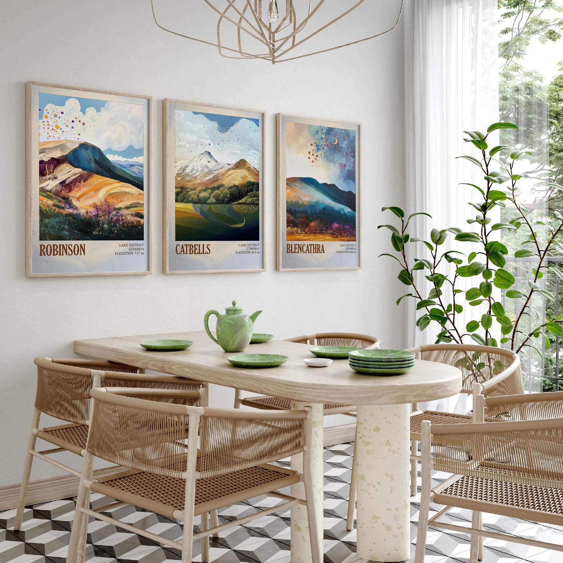 Set of Three Art Prints Lake District Peaks - Robinson, Catbells, Blencathra - Moody Cumbria Mountain Poster Illustration Gift V2