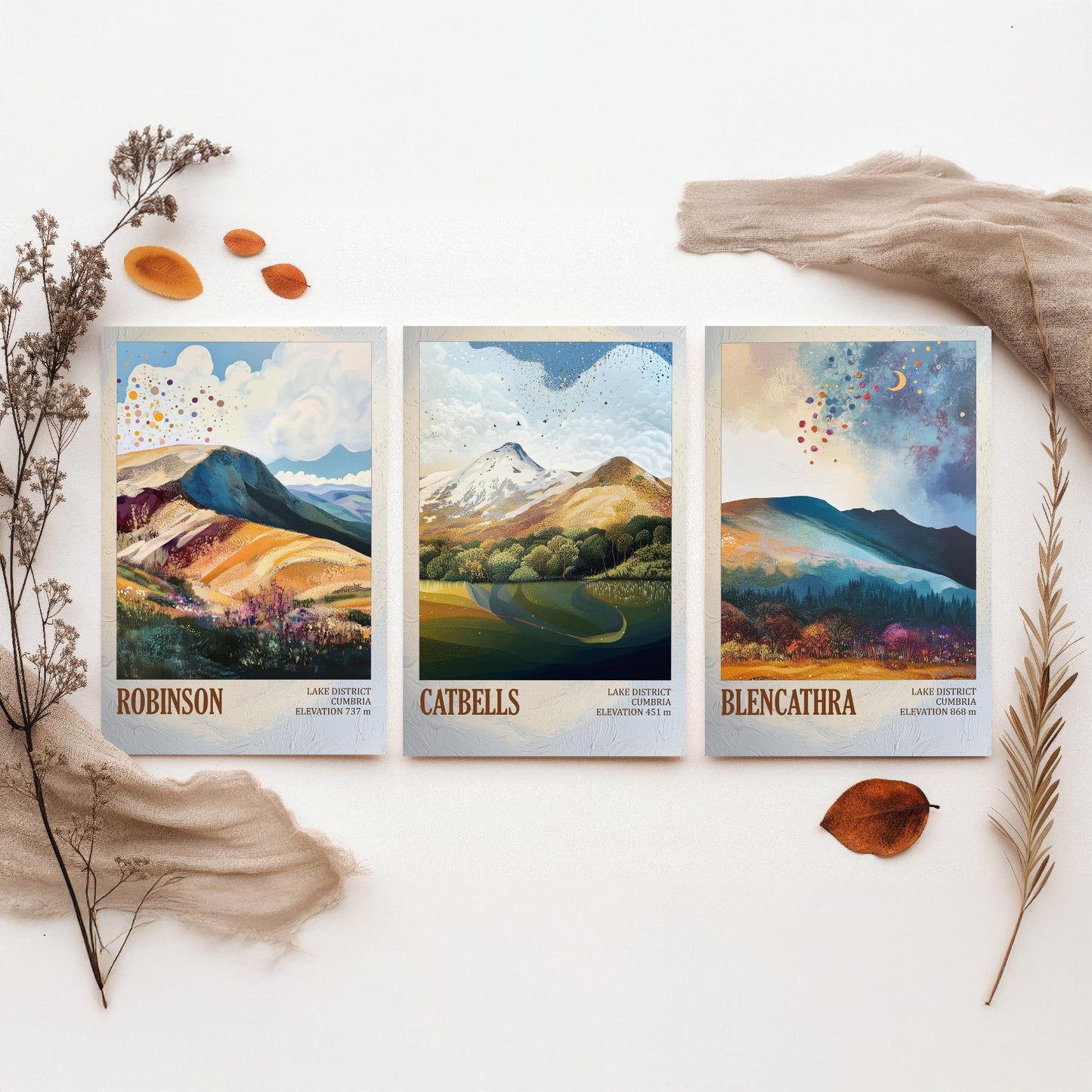 Set of Three Art Prints Lake District Peaks - Robinson, Catbells, Blencathra - Moody Cumbria Mountain Poster Illustration Gift V2