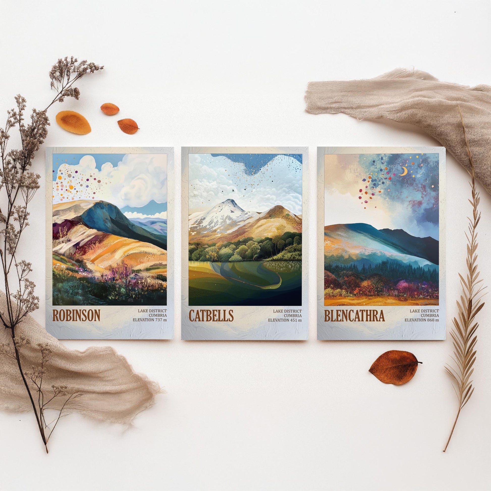 Set of Three Art Prints Lake District Peaks - Robinson, Catbells, Blencathra - Moody Cumbria Mountain Poster Illustration Gift V2