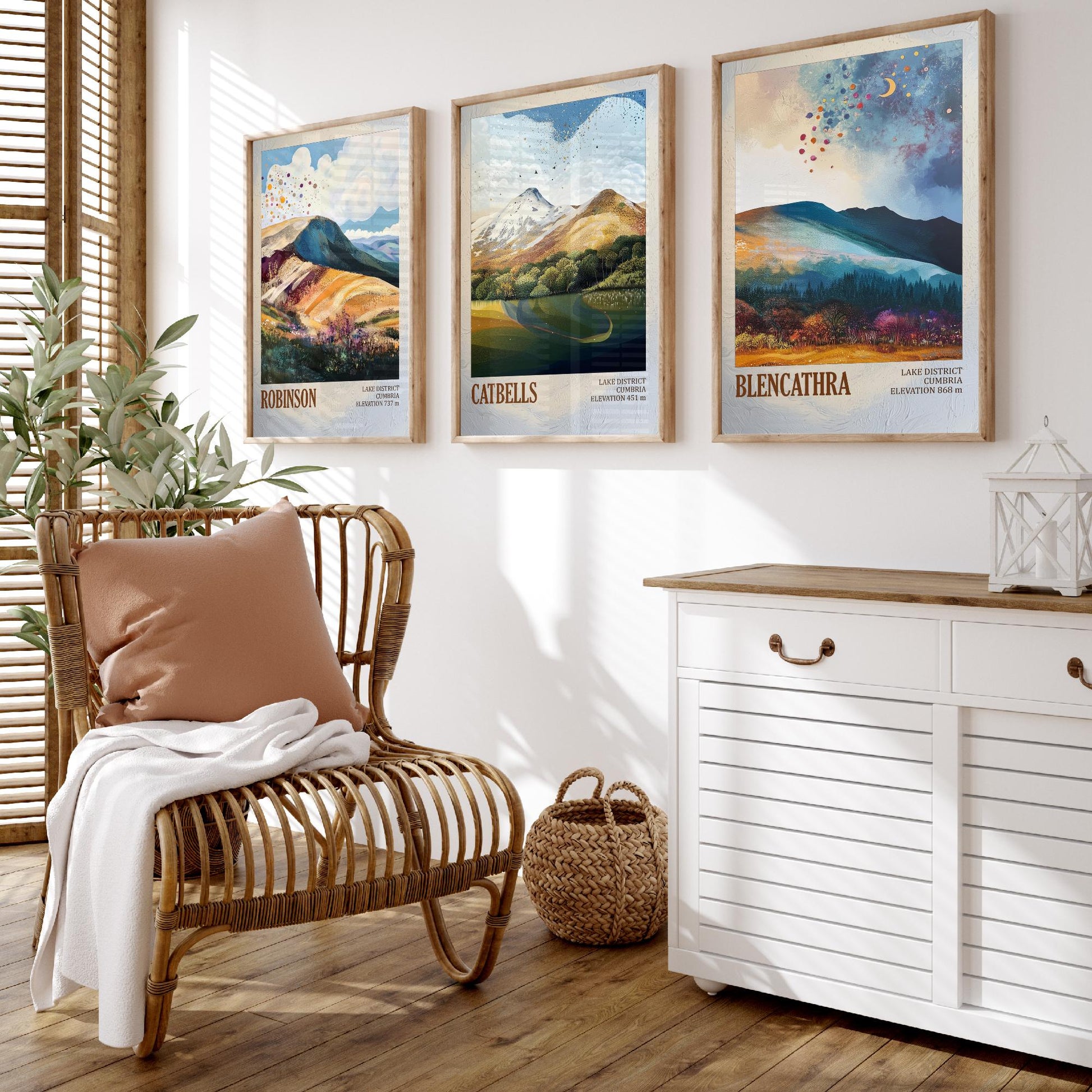 Set of Three Art Prints Lake District Peaks - Robinson, Catbells, Blencathra - Moody Cumbria Mountain Poster Illustration Gift V2