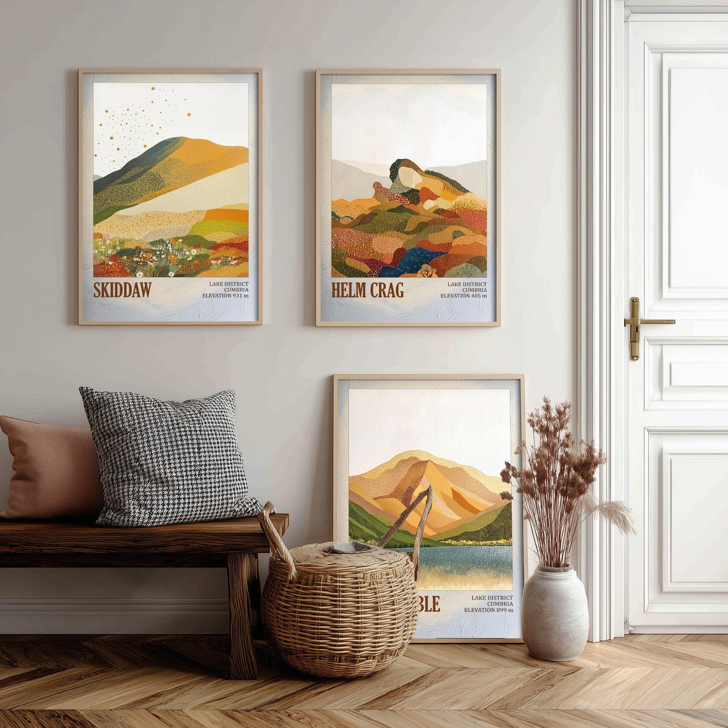 Set of Three Art Prints Lake District Fells - Skiddaw, Helm Crag, Great Gable - Cumbria Mountain Poster Illustration Hiker Gift V1
