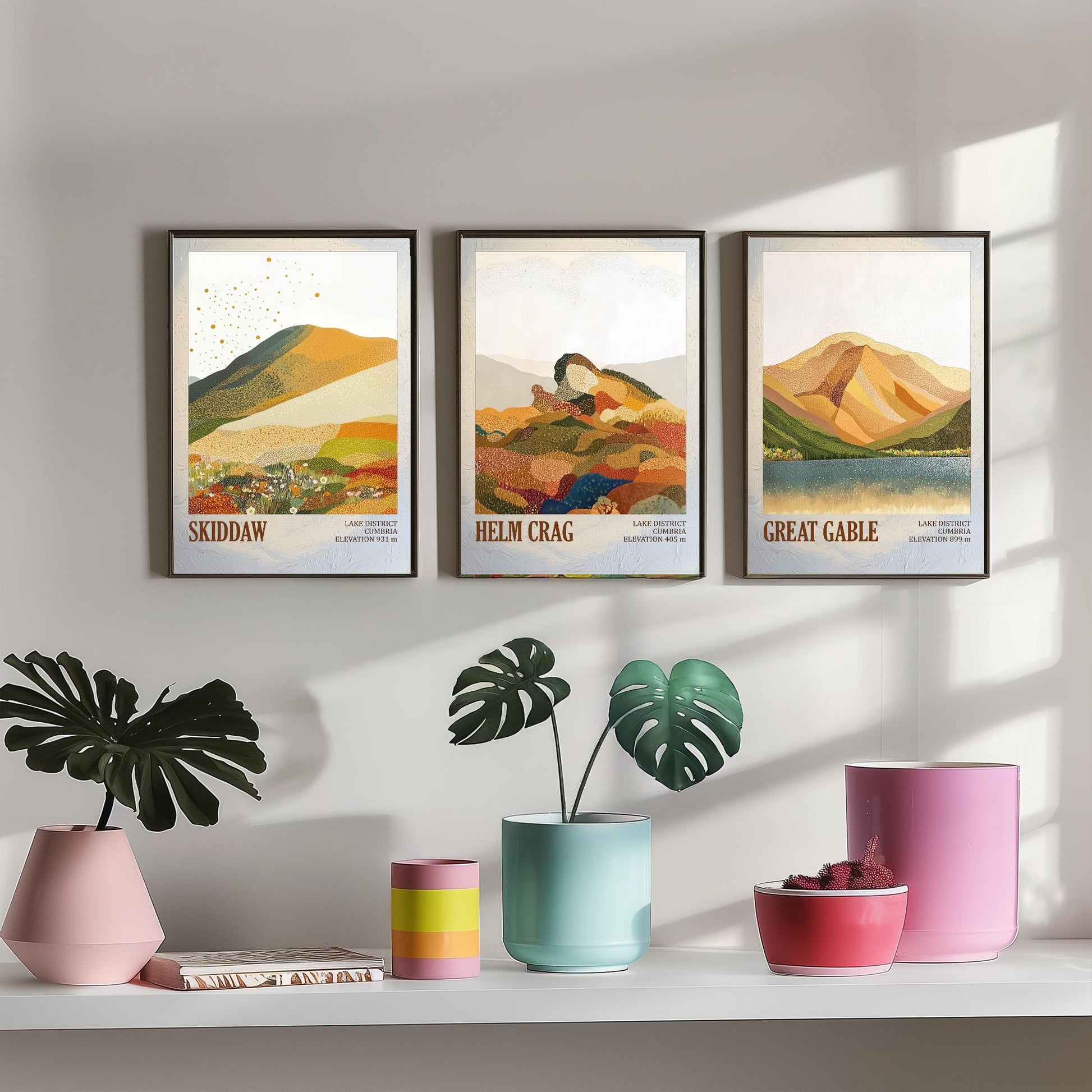 Set of Three Art Prints Lake District Fells - Skiddaw, Helm Crag, Great Gable - Cumbria Mountain Poster Illustration Hiker Gift V1