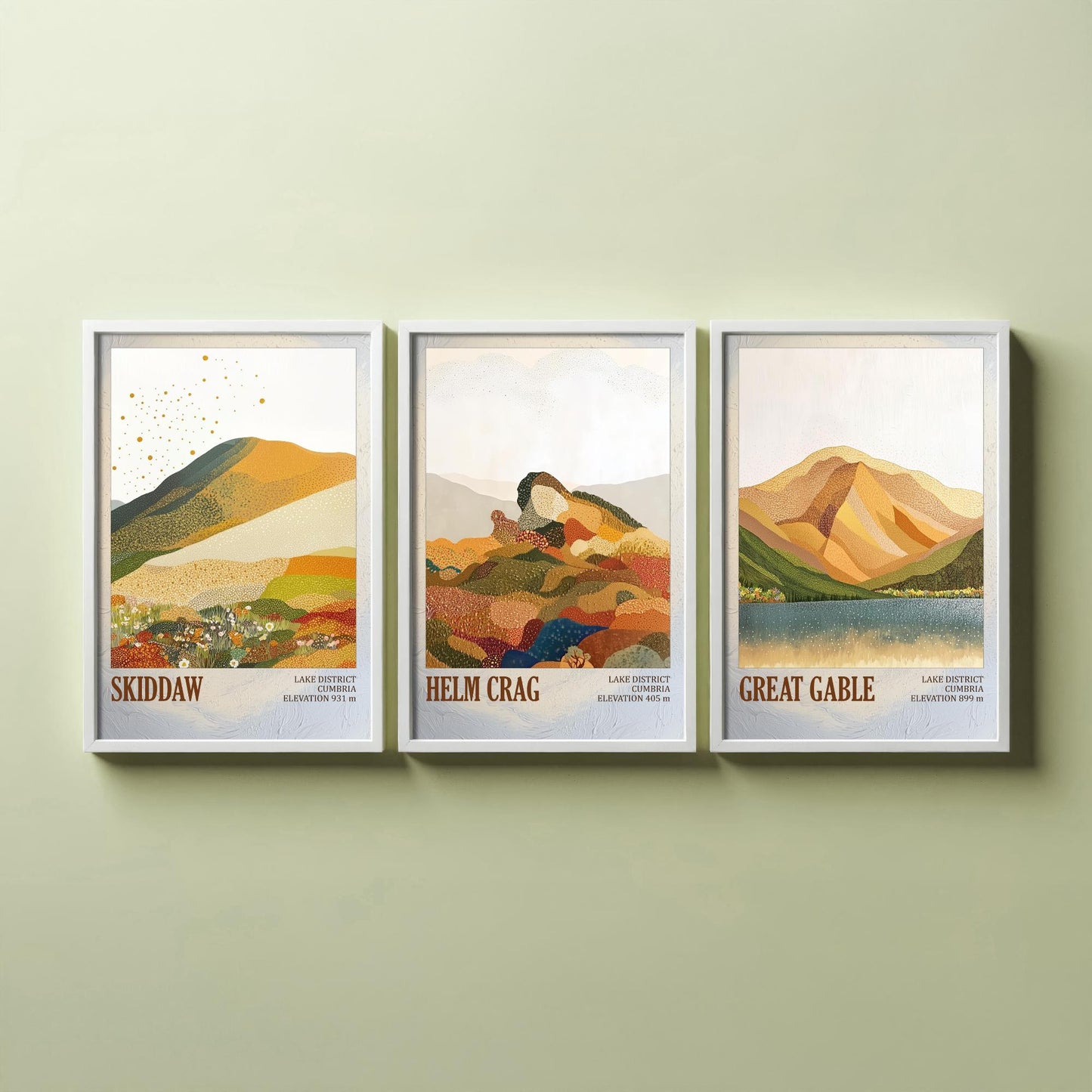 Set of Three Art Prints Lake District Fells - Skiddaw, Helm Crag, Great Gable - Cumbria Mountain Poster Illustration Hiker Gift V1
