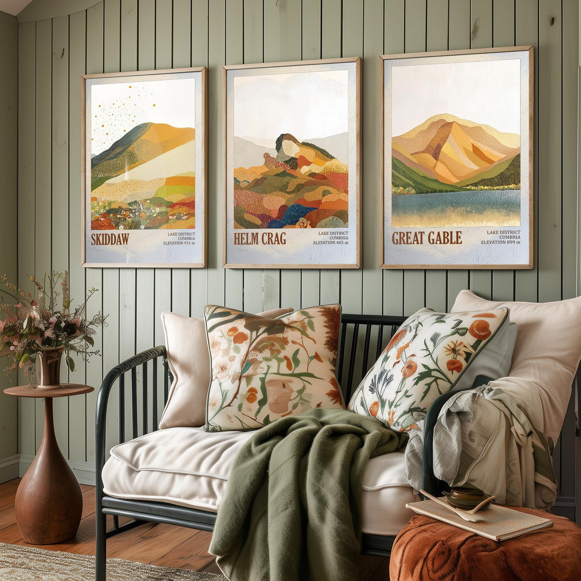 Set of Three Art Prints Lake District Fells - Skiddaw, Helm Crag, Great Gable - Cumbria Mountain Poster Illustration Hiker Gift V1