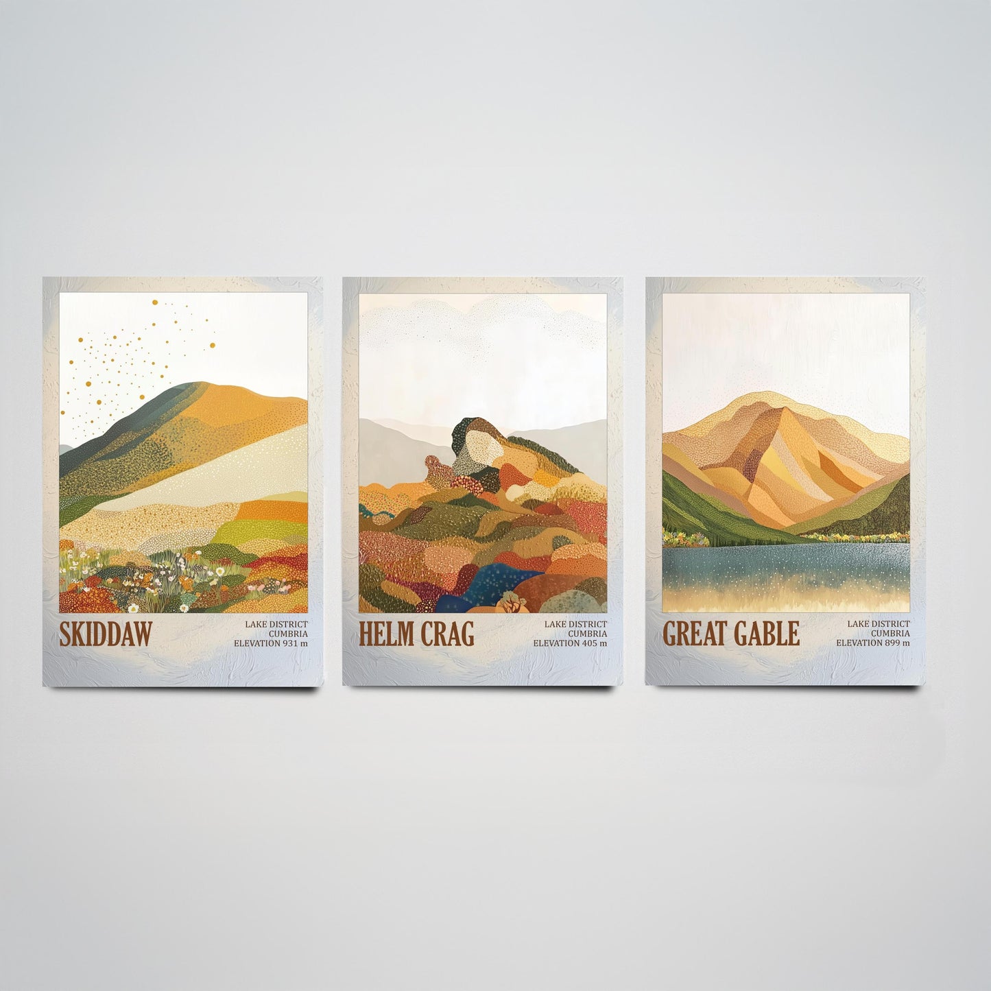 Set of Three Art Prints Lake District Fells - Skiddaw, Helm Crag, Great Gable - Cumbria Mountain Poster Illustration Hiker Gift V1