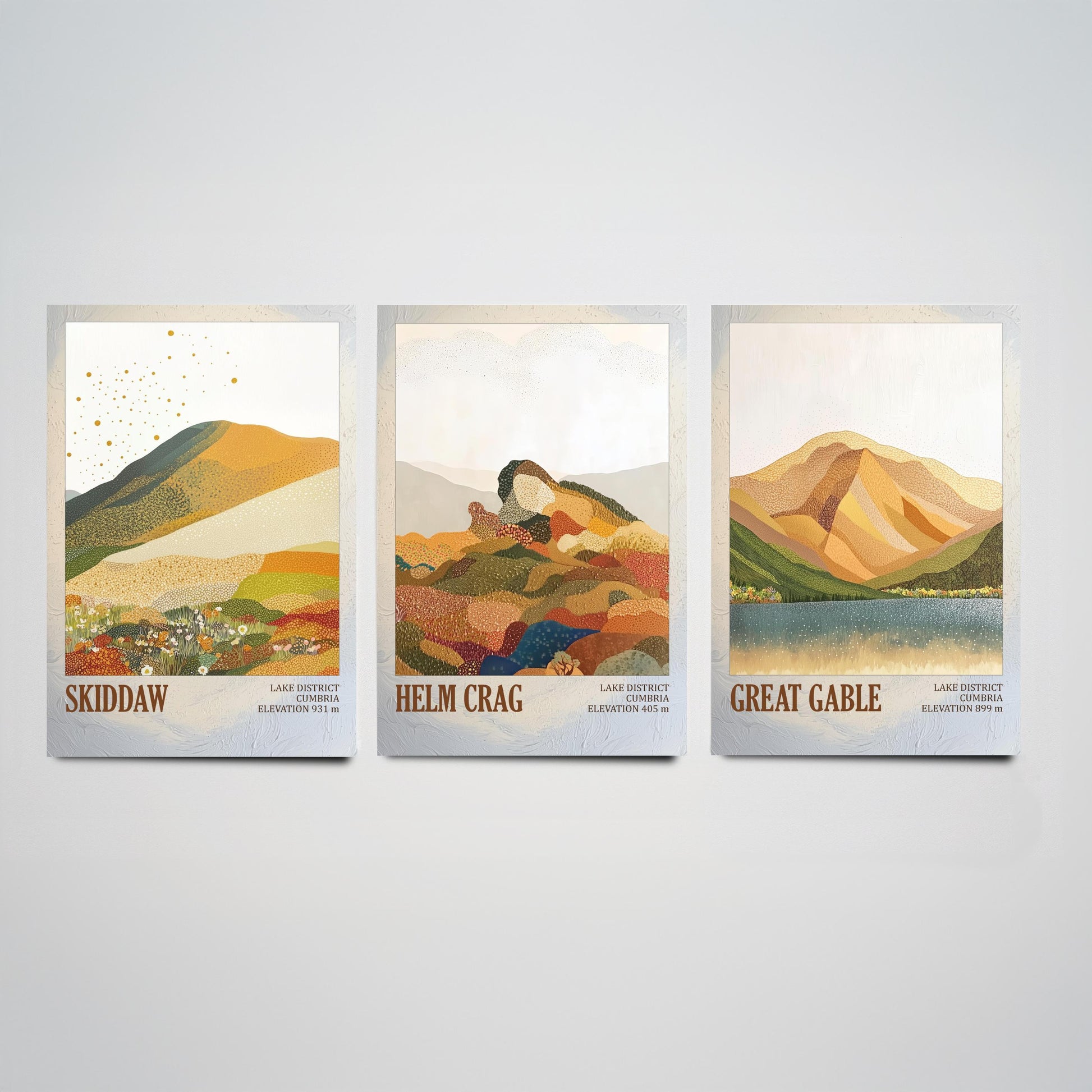 Set of Three Art Prints Lake District Fells - Skiddaw, Helm Crag, Great Gable - Cumbria Mountain Poster Illustration Hiker Gift V1