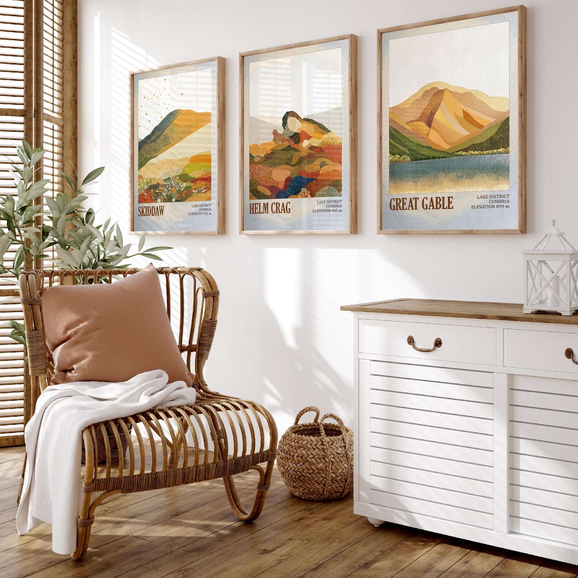 Set of Three Art Prints Lake District Fells - Skiddaw, Helm Crag, Great Gable - Cumbria Mountain Poster Illustration Hiker Gift V1