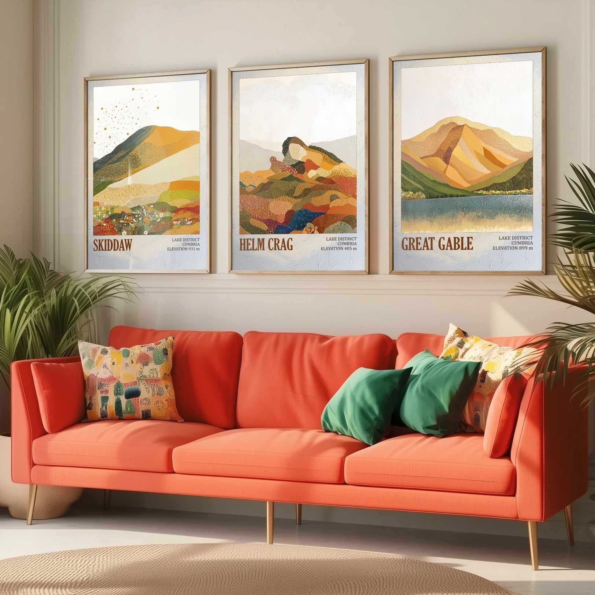 Set of Three Art Prints Lake District Fells - Skiddaw, Helm Crag, Great Gable - Cumbria Mountain Poster Illustration Hiker Gift V1