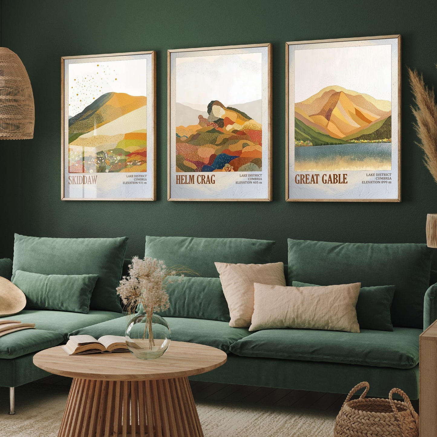 Set of Three Art Prints Lake District Fells - Skiddaw, Helm Crag, Great Gable - Cumbria Mountain Poster Illustration Hiker Gift V1