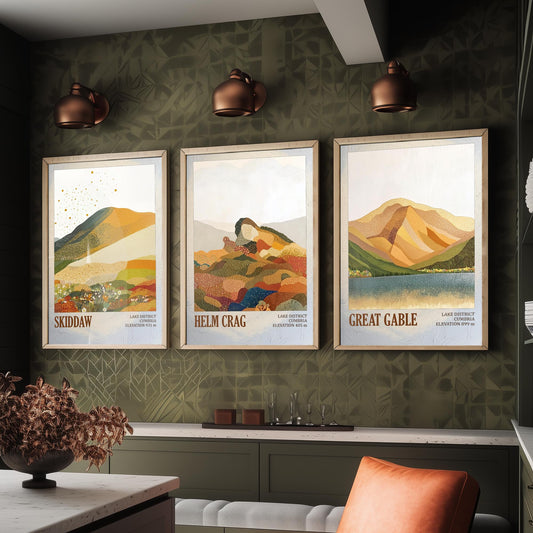 Set of Three Art Prints Lake District Fells - Skiddaw, Helm Crag, Great Gable - Cumbria Mountain Poster Illustration Hiker Gift V1