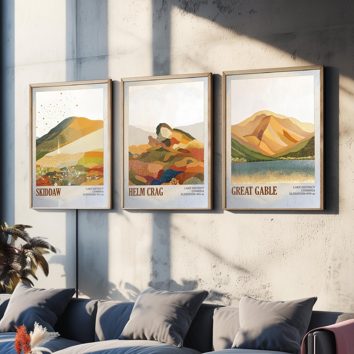 Set of Three Art Prints Lake District Fells - Skiddaw, Helm Crag, Great Gable - Cumbria Mountain Poster Illustration Hiker Gift V1