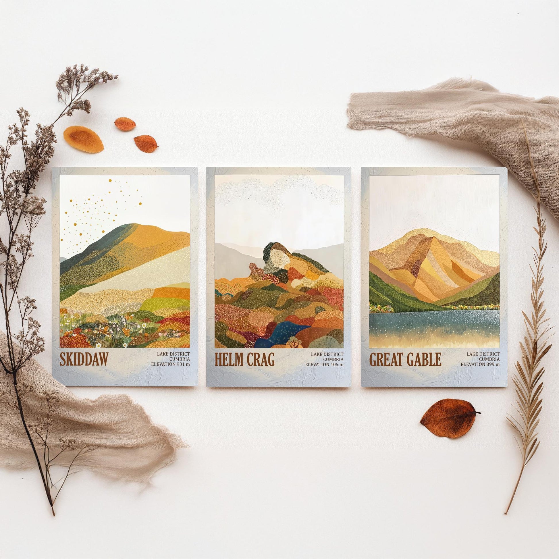 Set of Three Art Prints Lake District Fells - Skiddaw, Helm Crag, Great Gable - Cumbria Mountain Poster Illustration Hiker Gift V1