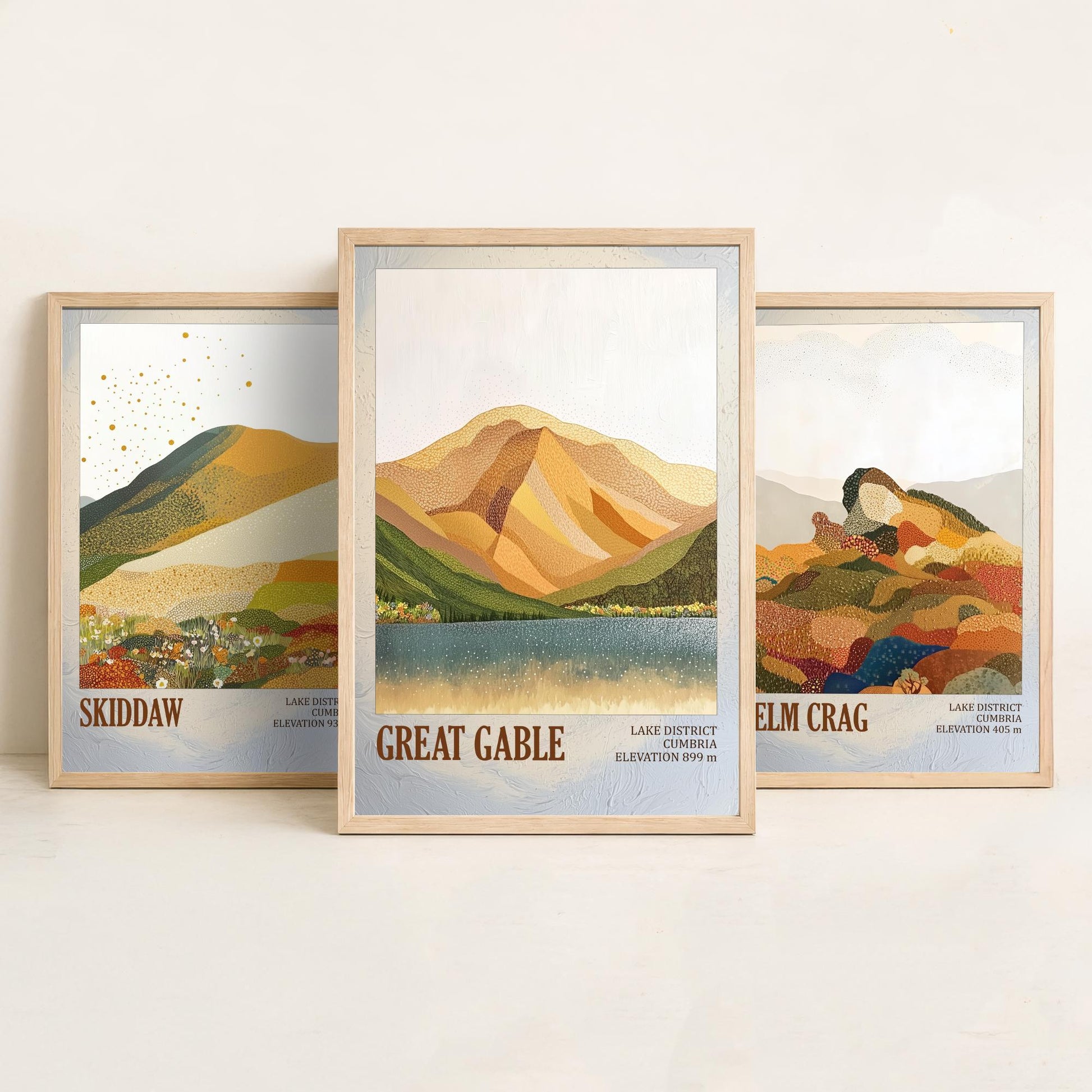 Set of Three Art Prints Lake District Fells - Skiddaw, Helm Crag, Great Gable - Cumbria Mountain Poster Illustration Hiker Gift V1