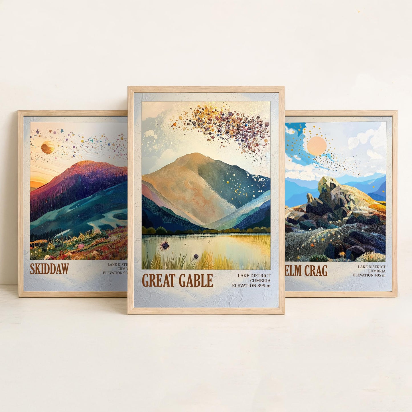 Set of Three Art Prints Lake District Peaks - Skiddaw, Helm Crag, Great Gable - Golden Cumbria Mountain Poster Illustration Gift V2