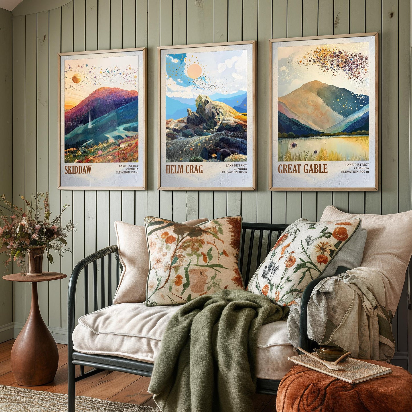 Set of Three Art Prints Lake District Peaks - Skiddaw, Helm Crag, Great Gable - Golden Cumbria Mountain Poster Illustration Gift V2