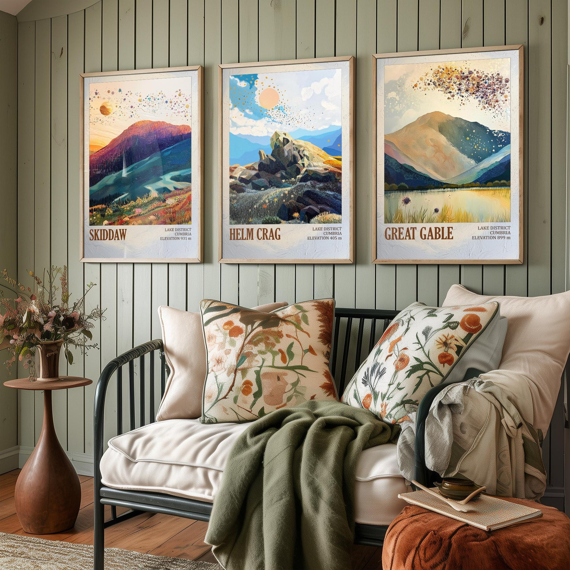 Set of Three Art Prints Lake District Peaks - Skiddaw, Helm Crag, Great Gable - Golden Cumbria Mountain Poster Illustration Gift V2
