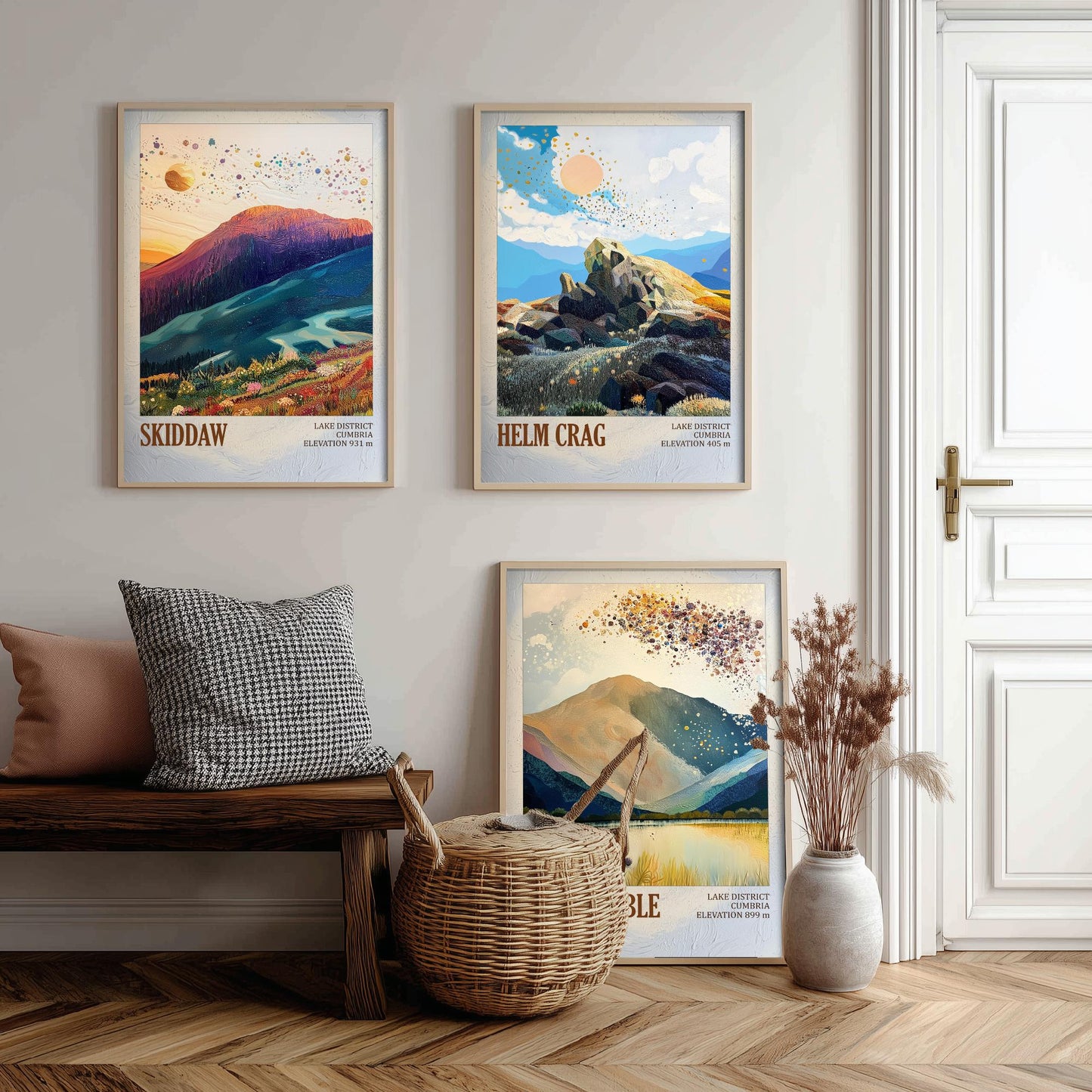 Set of Three Art Prints Lake District Peaks - Skiddaw, Helm Crag, Great Gable - Golden Cumbria Mountain Poster Illustration Gift V2