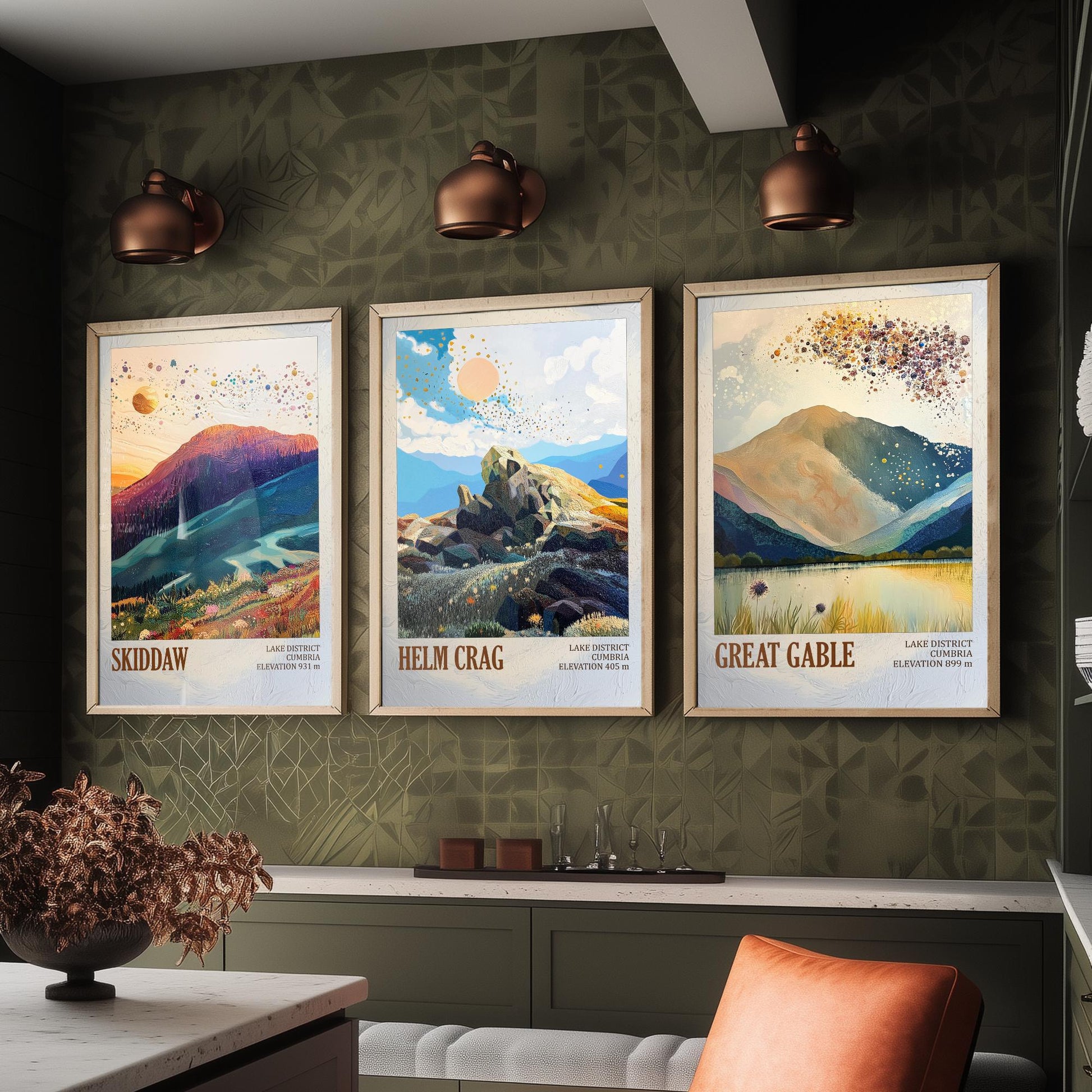 Set of Three Art Prints Lake District Peaks - Skiddaw, Helm Crag, Great Gable - Golden Cumbria Mountain Poster Illustration Gift V2