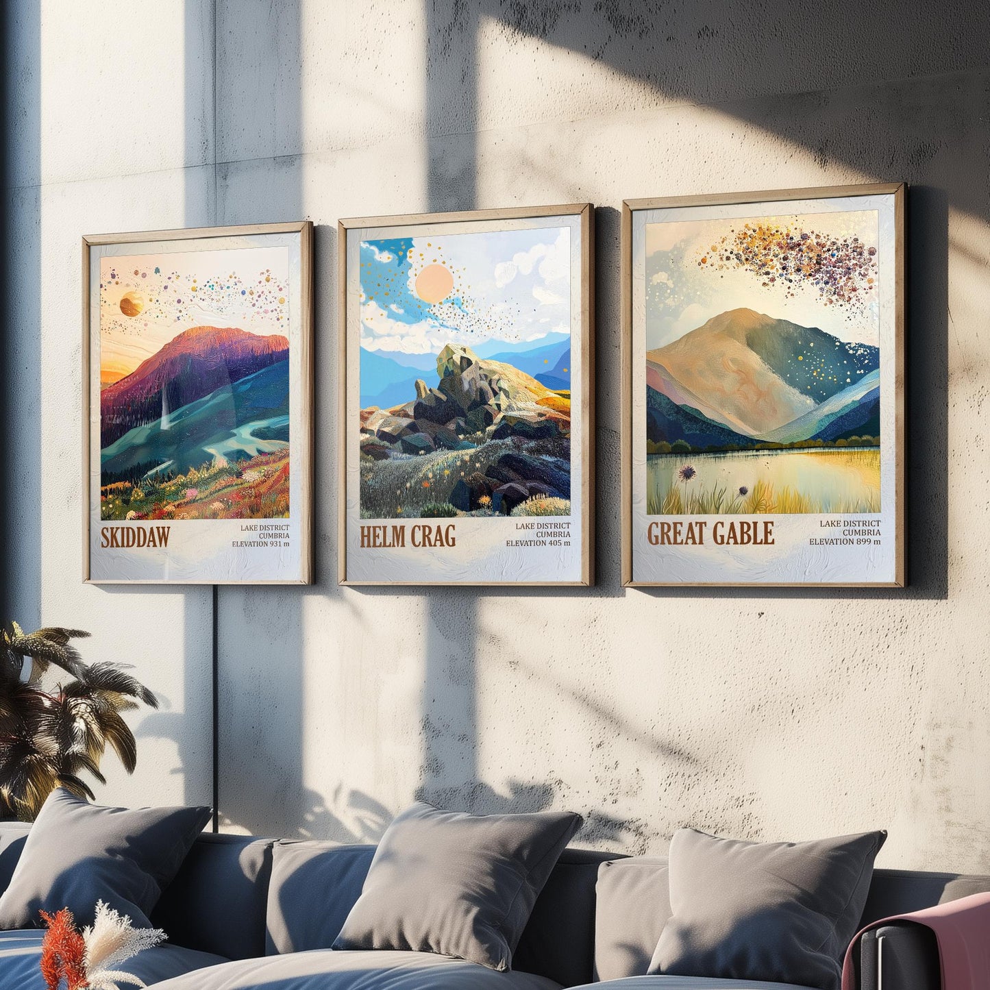 Set of Three Art Prints Lake District Peaks - Skiddaw, Helm Crag, Great Gable - Golden Cumbria Mountain Poster Illustration Gift V2