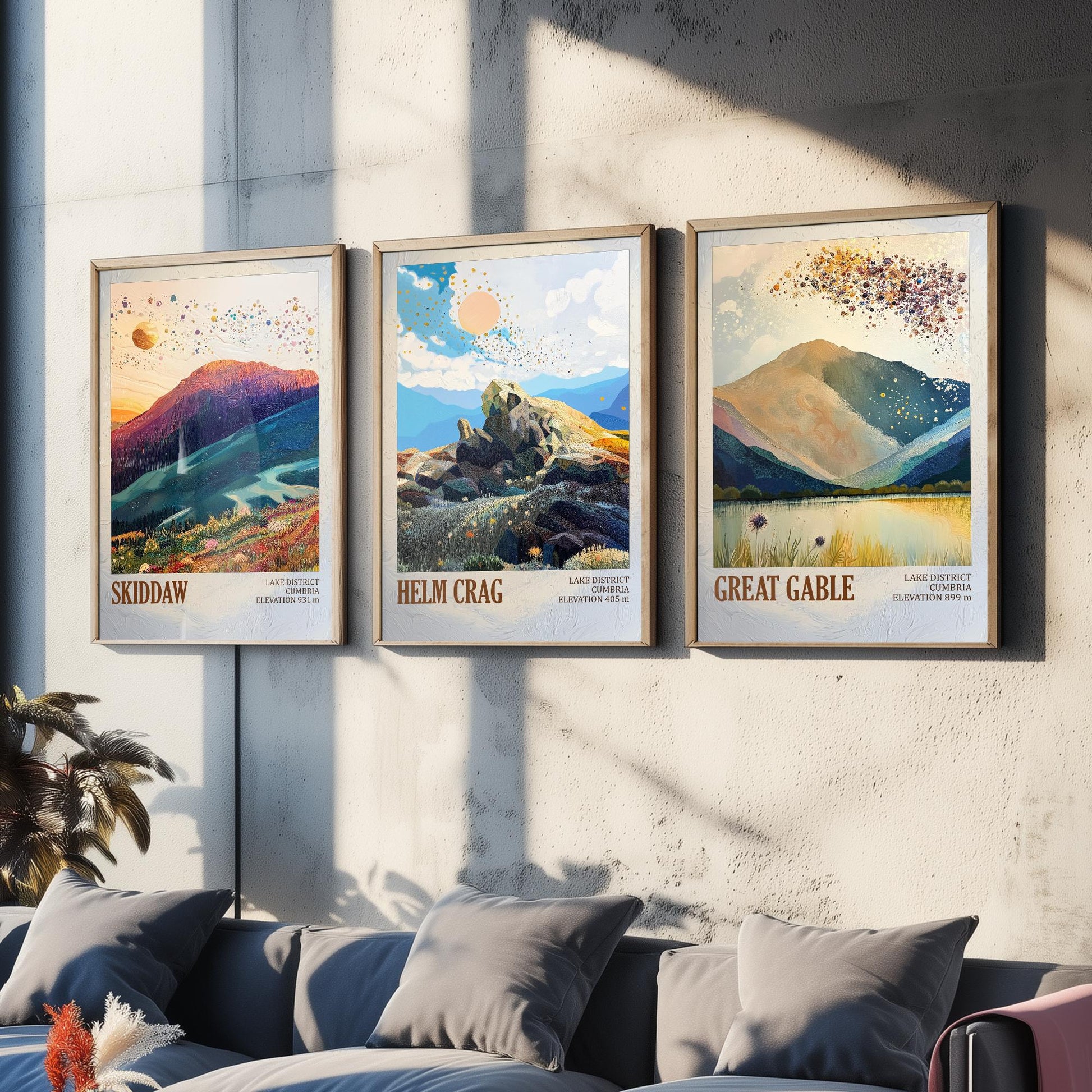Set of Three Art Prints Lake District Peaks - Skiddaw, Helm Crag, Great Gable - Golden Cumbria Mountain Poster Illustration Gift V2