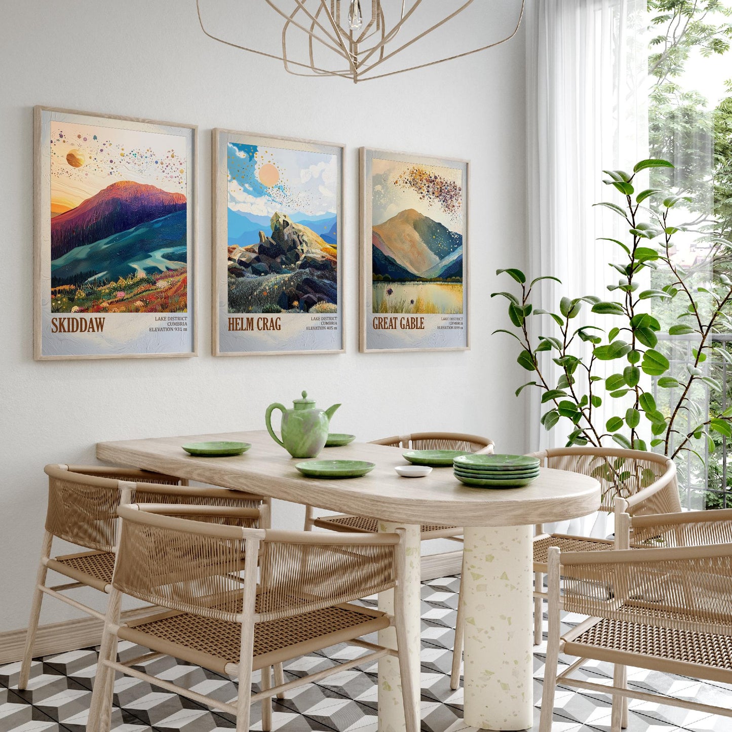 Set of Three Art Prints Lake District Peaks - Skiddaw, Helm Crag, Great Gable - Golden Cumbria Mountain Poster Illustration Gift V2