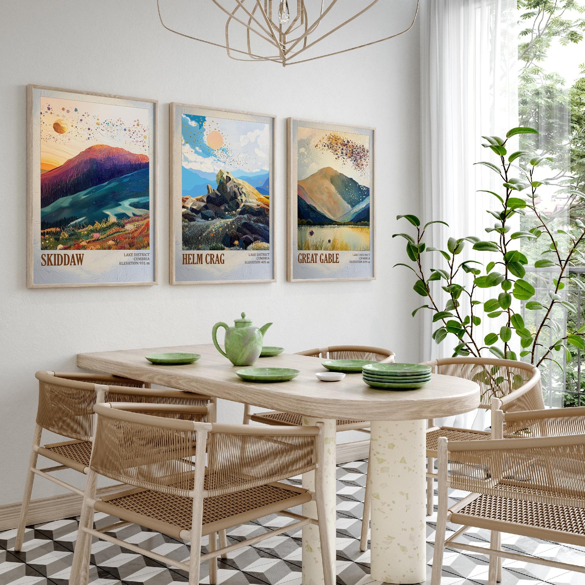Set of Three Art Prints Lake District Peaks - Skiddaw, Helm Crag, Great Gable - Golden Cumbria Mountain Poster Illustration Gift V2