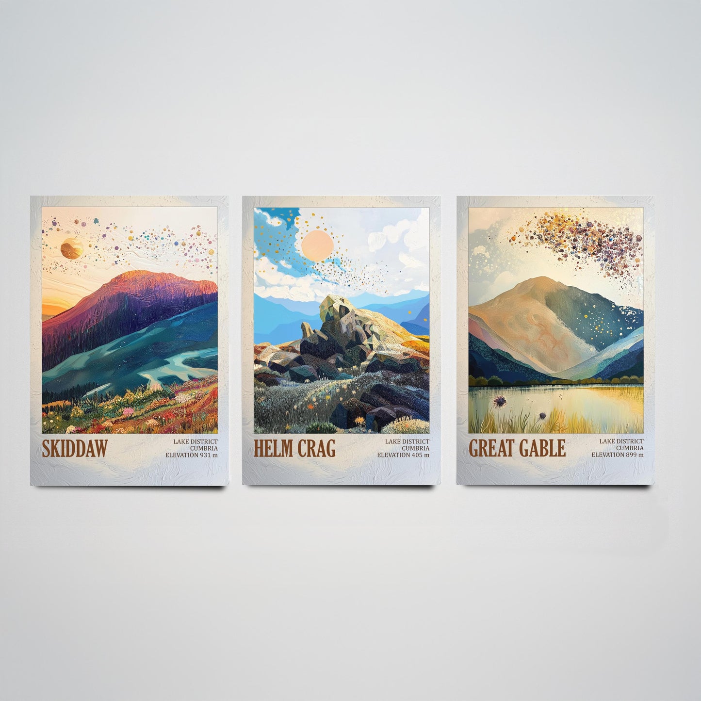 Set of Three Art Prints Lake District Peaks - Skiddaw, Helm Crag, Great Gable - Golden Cumbria Mountain Poster Illustration Gift V2