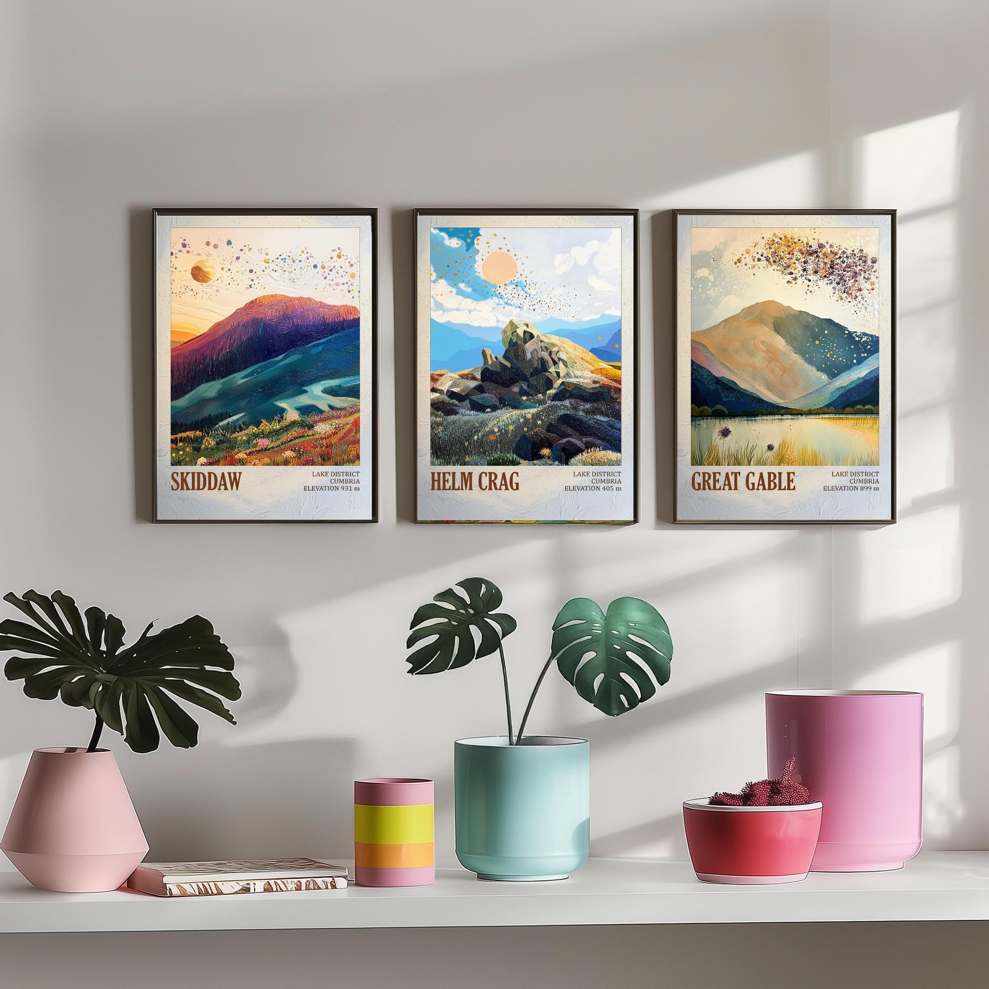 Set of Three Art Prints Lake District Peaks - Skiddaw, Helm Crag, Great Gable - Golden Cumbria Mountain Poster Illustration Gift V2