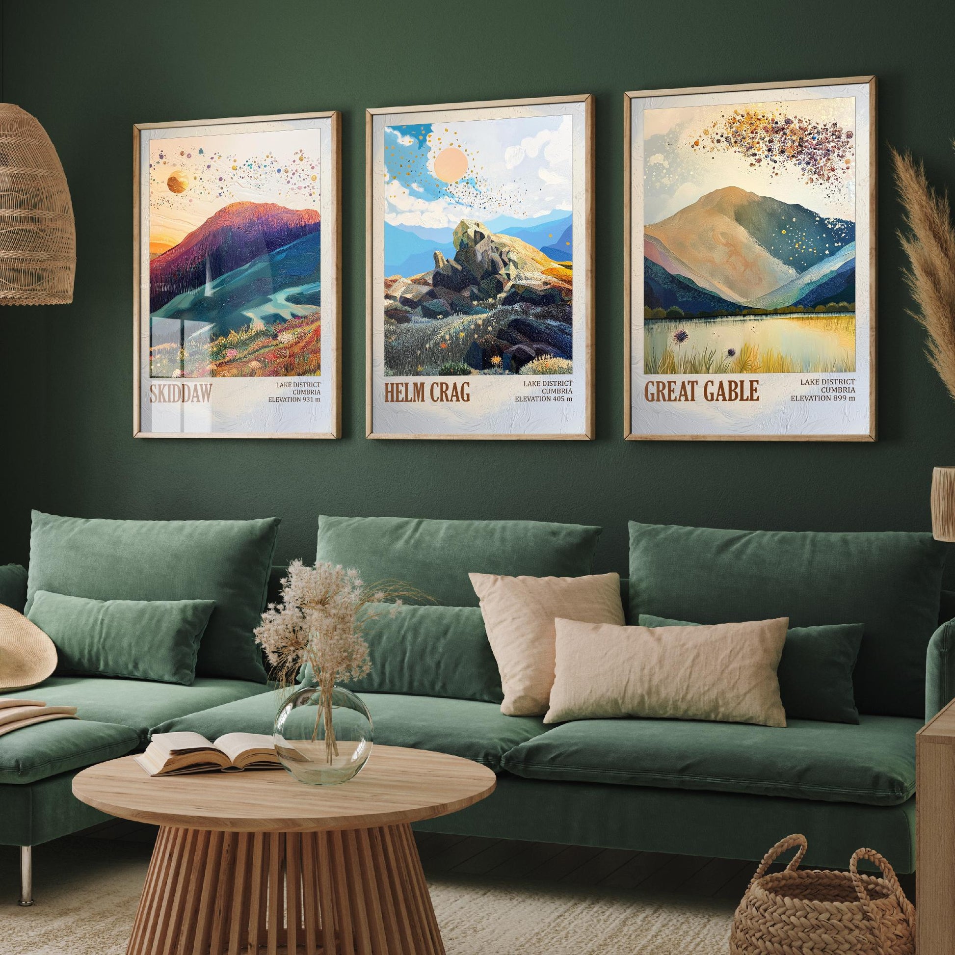 Set of Three Art Prints Lake District Peaks - Skiddaw, Helm Crag, Great Gable - Golden Cumbria Mountain Poster Illustration Gift V2