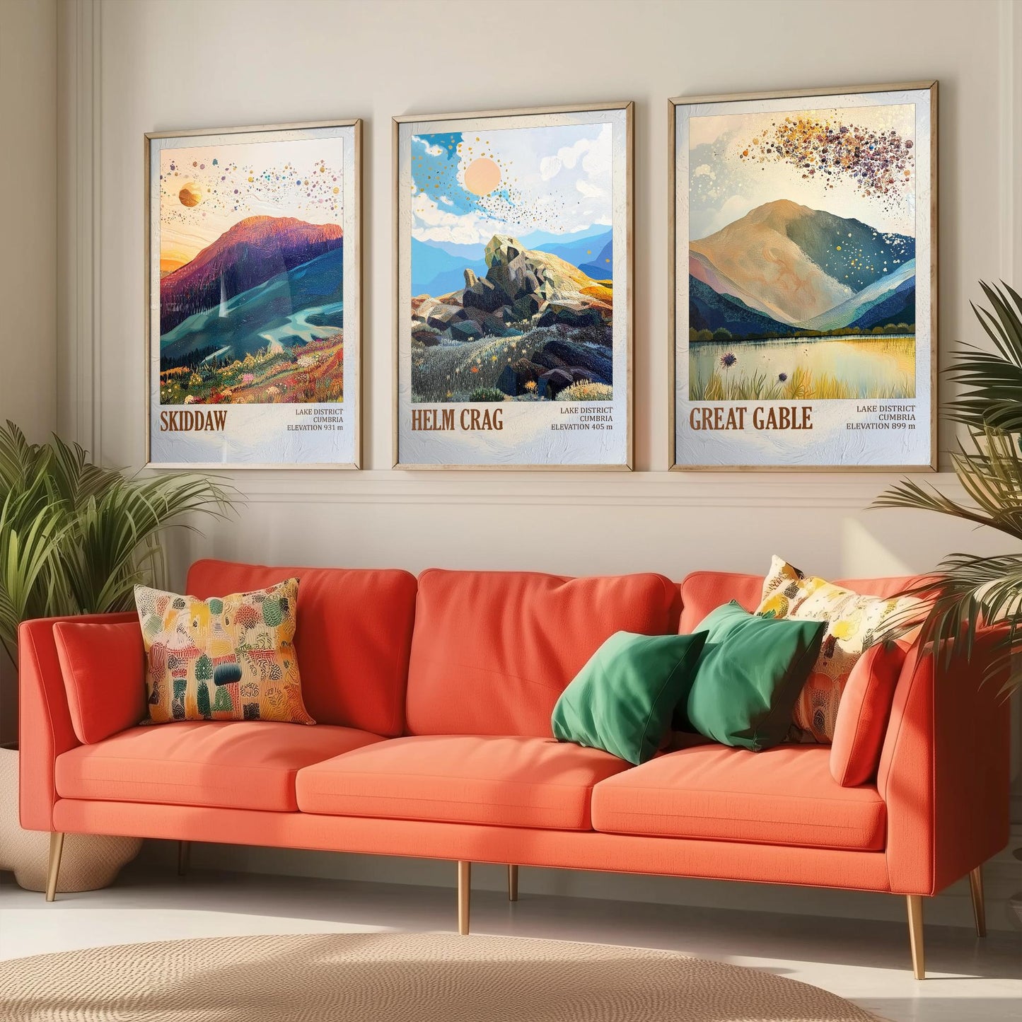 Set of Three Art Prints Lake District Peaks - Skiddaw, Helm Crag, Great Gable - Golden Cumbria Mountain Poster Illustration Gift V2