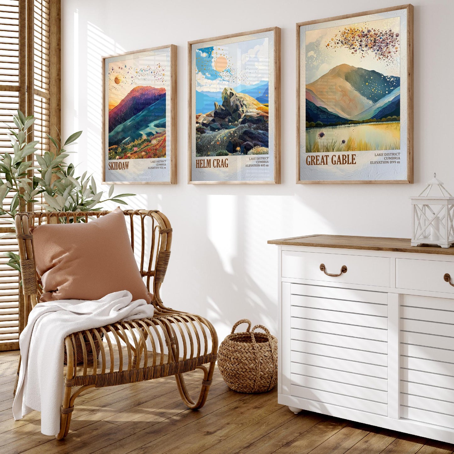 Set of Three Art Prints Lake District Peaks - Skiddaw, Helm Crag, Great Gable - Golden Cumbria Mountain Poster Illustration Gift V2