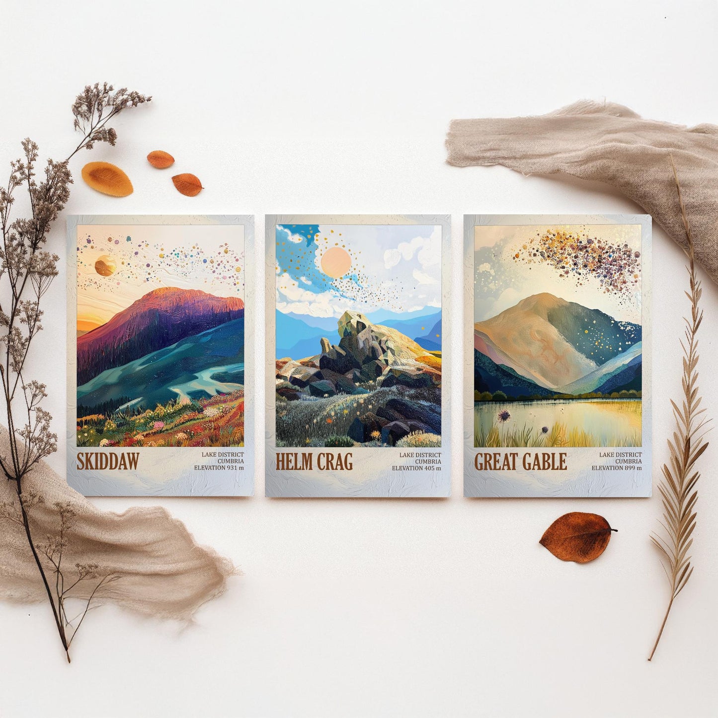 Set of Three Art Prints Lake District Peaks - Skiddaw, Helm Crag, Great Gable - Golden Cumbria Mountain Poster Illustration Gift V2