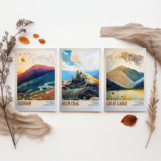 Set of Three Art Prints Lake District Peaks - Skiddaw, Helm Crag, Great Gable - Golden Cumbria Mountain Poster Illustration Gift V2