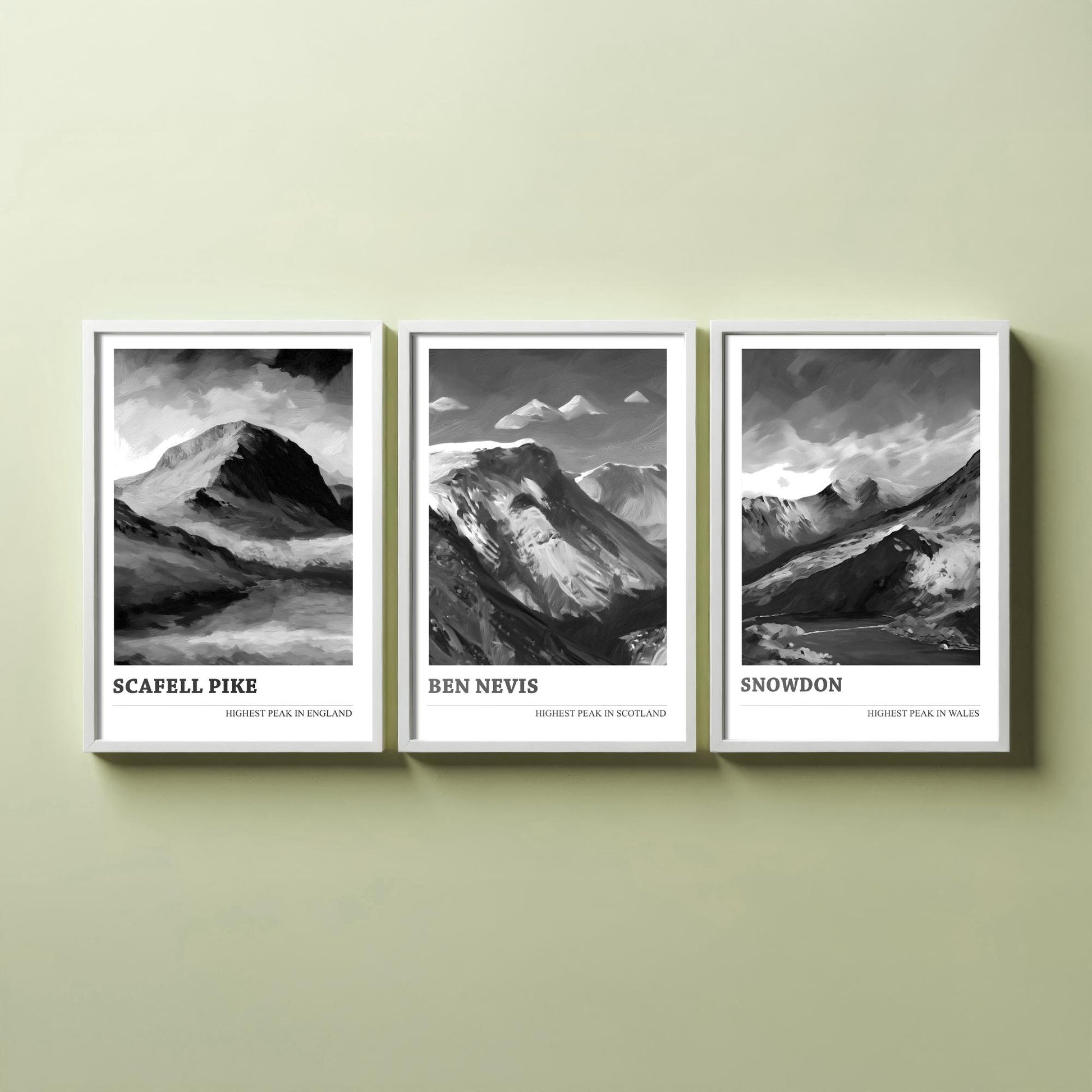 Three Peaks of the UK Set of Three Black & White Art Prints - Scafell Pike, Ben Nevis, Snowdon - Poster Painting Gift Decor