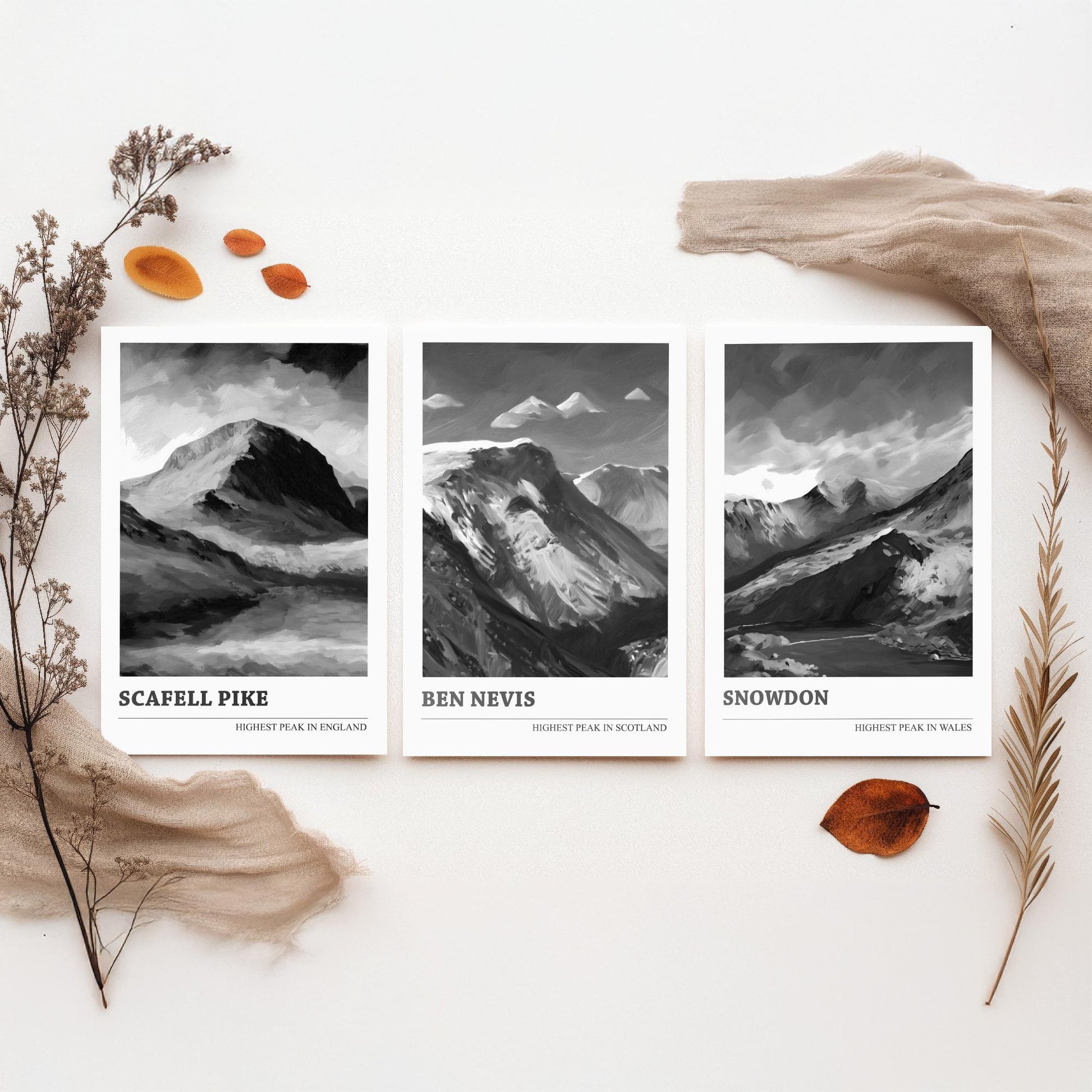 Three Peaks of the UK Set of Three Black & White Art Prints - Scafell Pike, Ben Nevis, Snowdon - Poster Painting Gift Decor