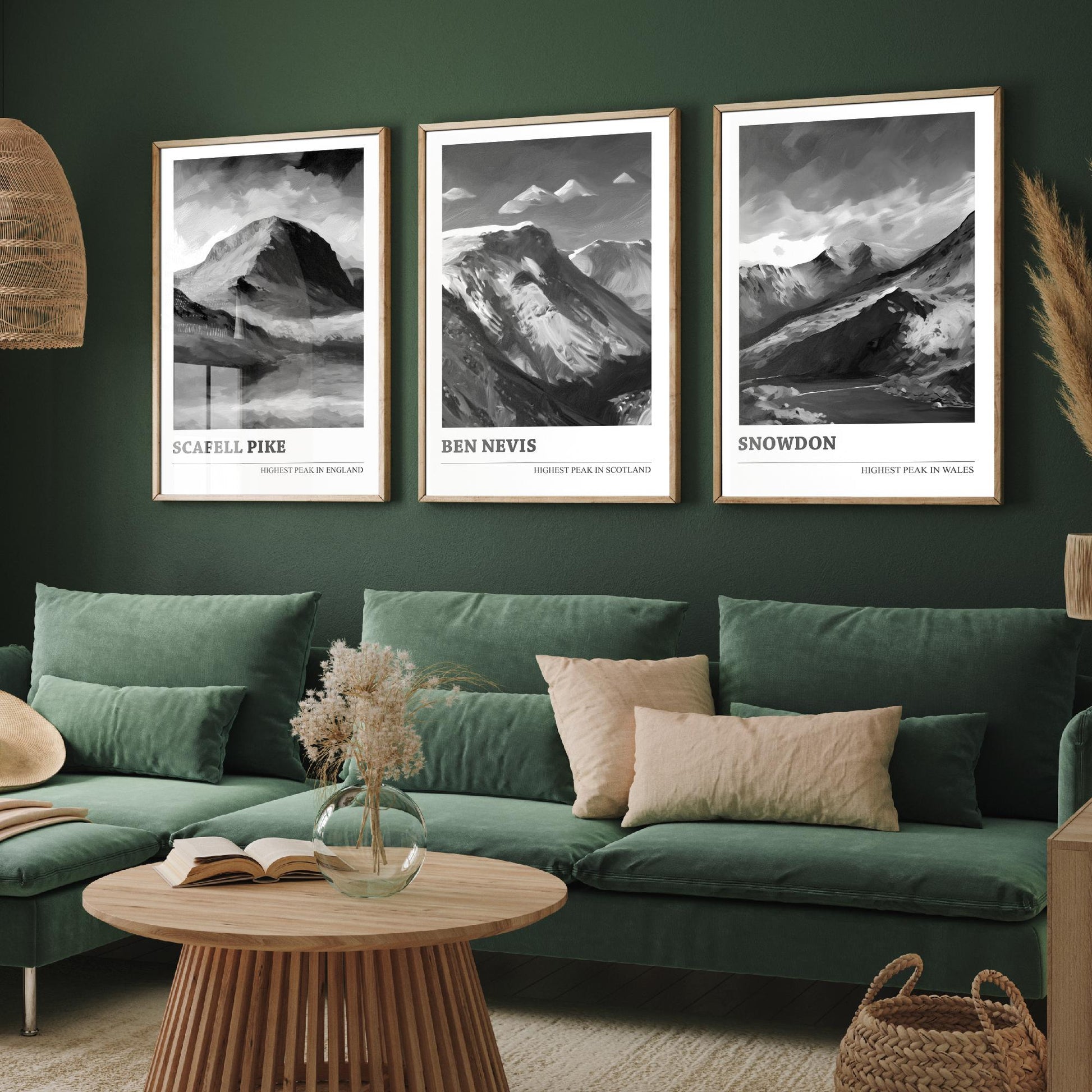 Three Peaks of the UK Set of Three Black & White Art Prints - Scafell Pike, Ben Nevis, Snowdon - Poster Painting Gift Decor