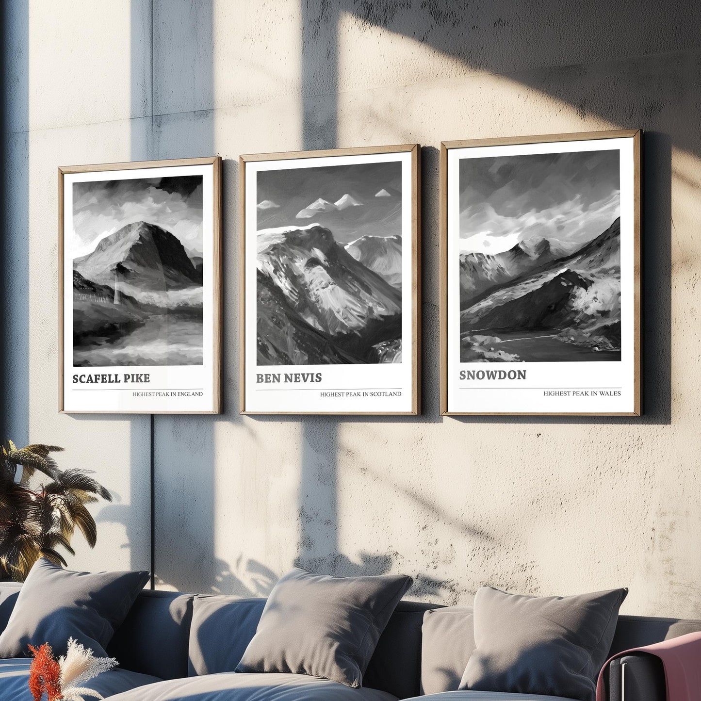Three Peaks of the UK Set of Three Black & White Art Prints - Scafell Pike, Ben Nevis, Snowdon - Poster Painting Gift Decor